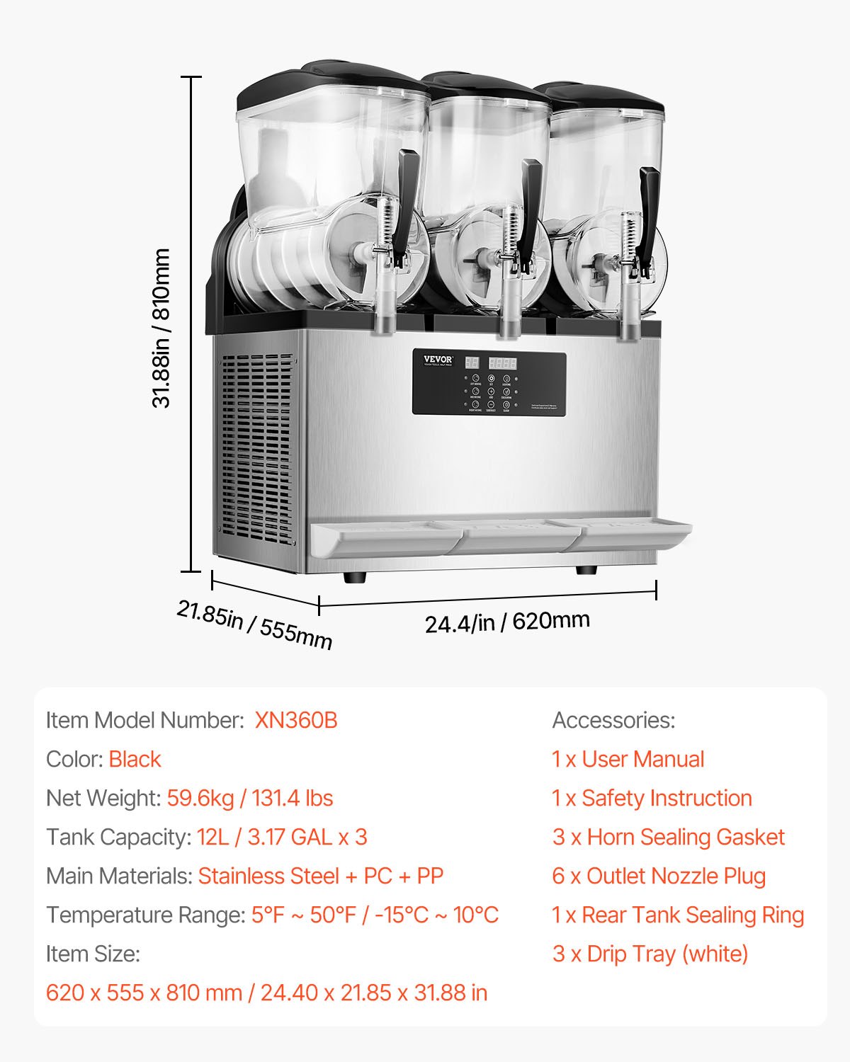 VEVOR Máquina de Granizados Comercial con 3 Tanques de 12 L x 3 Máquina para Bebidas Congeladas de Acero Inoxidable 144 Tazas Máquina para Hacer Granizados para Fiestas en Hogar, Restaurantes, Bares