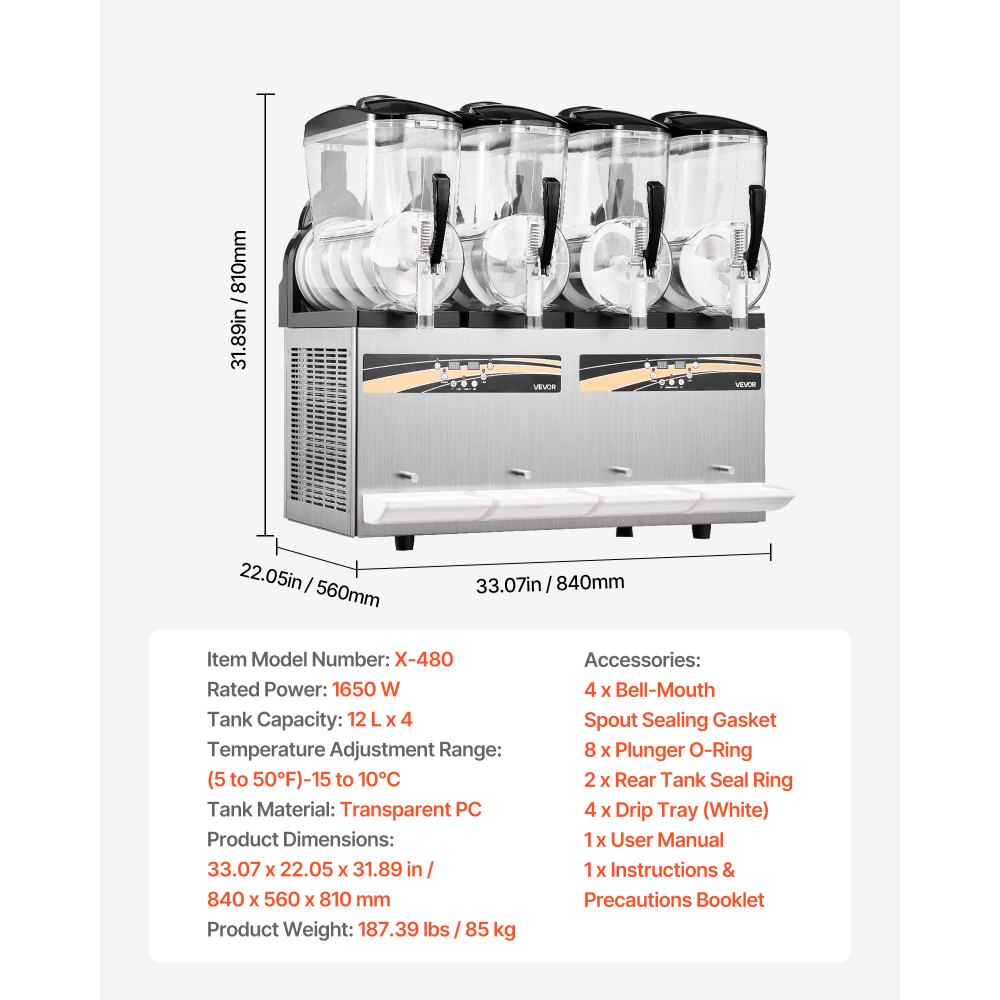 VEVOR Máquina para Hacer Granizados con 4 Tanques de 12 L, Máquina de Granizado Comercial para Margaritas, Batidos, sin Necesidad de Hielo, con Autolimpieza, para Restaurantes, Bares, Fiestas