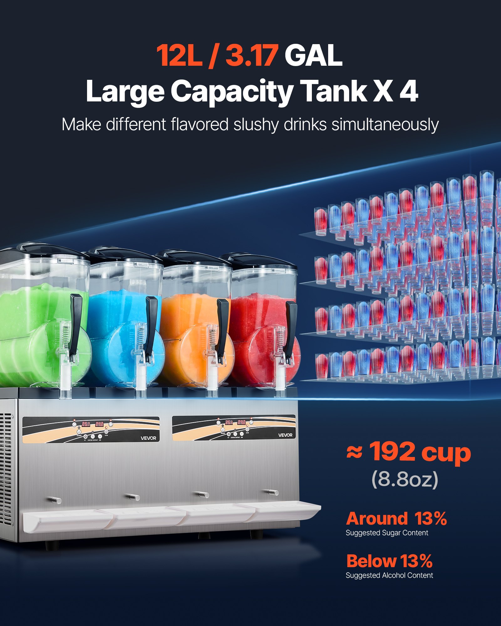 VEVOR Máquina para Hacer Granizados con 4 Tanques de 12 L, Máquina de Granizado Comercial para Margaritas, Batidos, sin Necesidad de Hielo, con Autolimpieza, para Restaurantes, Bares, Fiestas