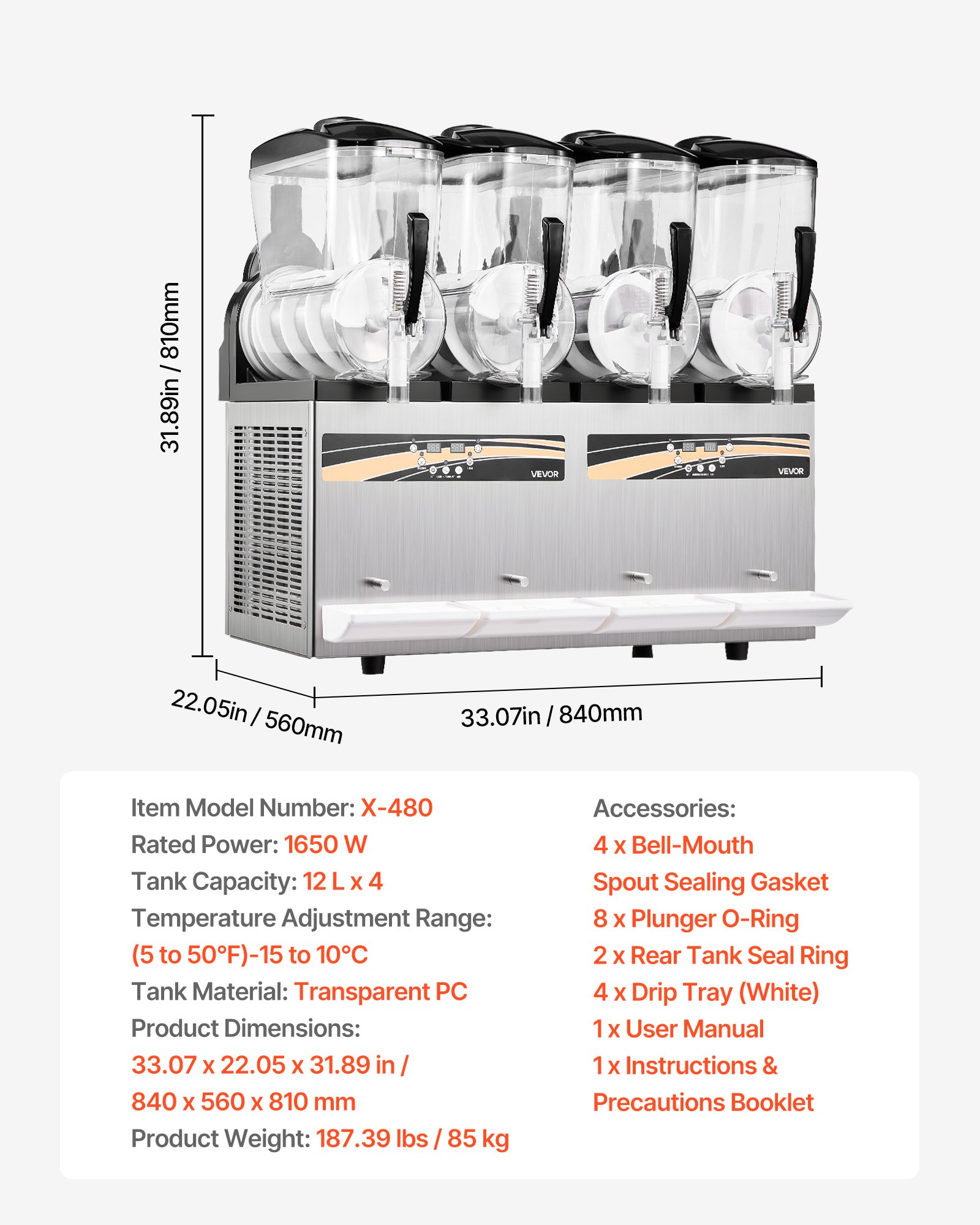 VEVOR Máquina para Hacer Granizados con 4 Tanques de 12 L, Máquina de Granizado Comercial para Margaritas, Batidos, sin Necesidad de Hielo, con Autolimpieza, para Restaurantes, Bares, Fiestas