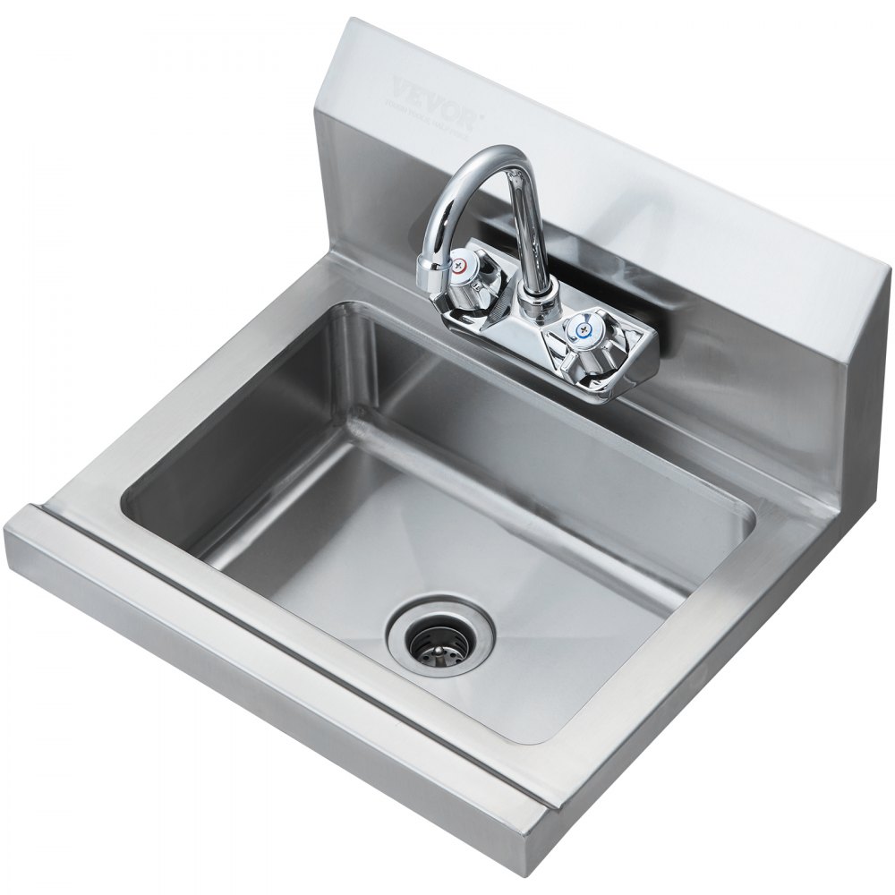 VEVOR Lavamanos con grifo y protector contra salpicaduras Fregadero de pared o empotrado 432x381x330mm Fregadero de acero inoxidable sin fugas Lavabo empotrado para restaurante Baño Inodoro Cocina Bar