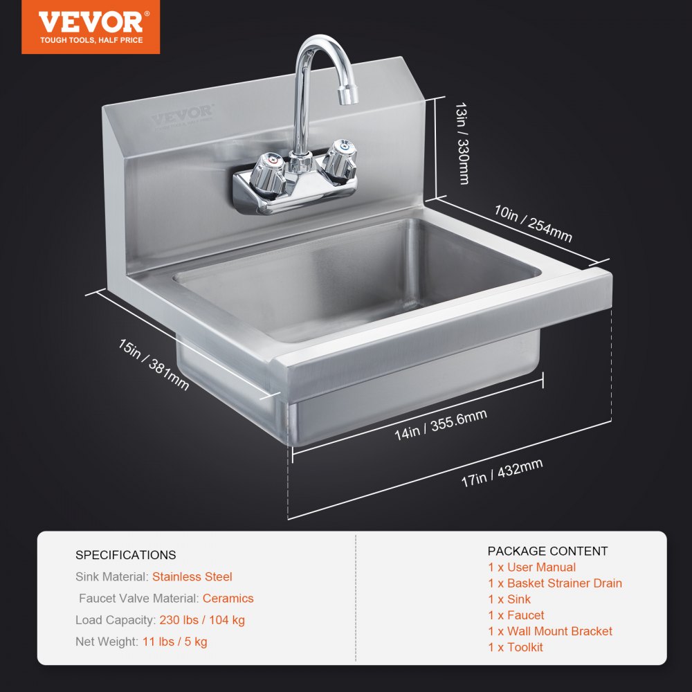 VEVOR Lavamanos con grifo y protector contra salpicaduras Fregadero de pared o empotrado 432x381x330mm Fregadero de acero inoxidable sin fugas Lavabo empotrado para restaurante Baño Inodoro Cocina Bar