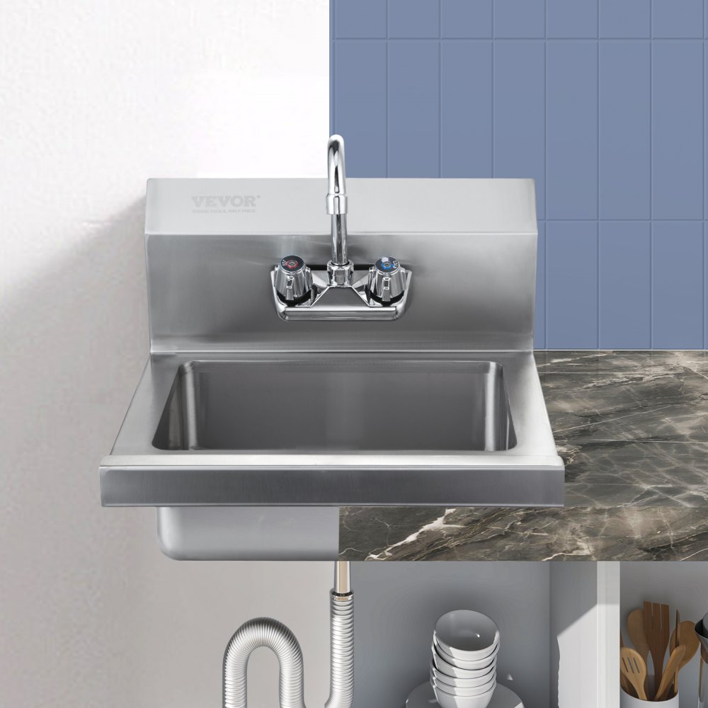 VEVOR Lavamanos con grifo y protector contra salpicaduras Fregadero de pared o empotrado 432x381x330mm Fregadero de acero inoxidable sin fugas Lavabo empotrado para restaurante Baño Inodoro Cocina Bar