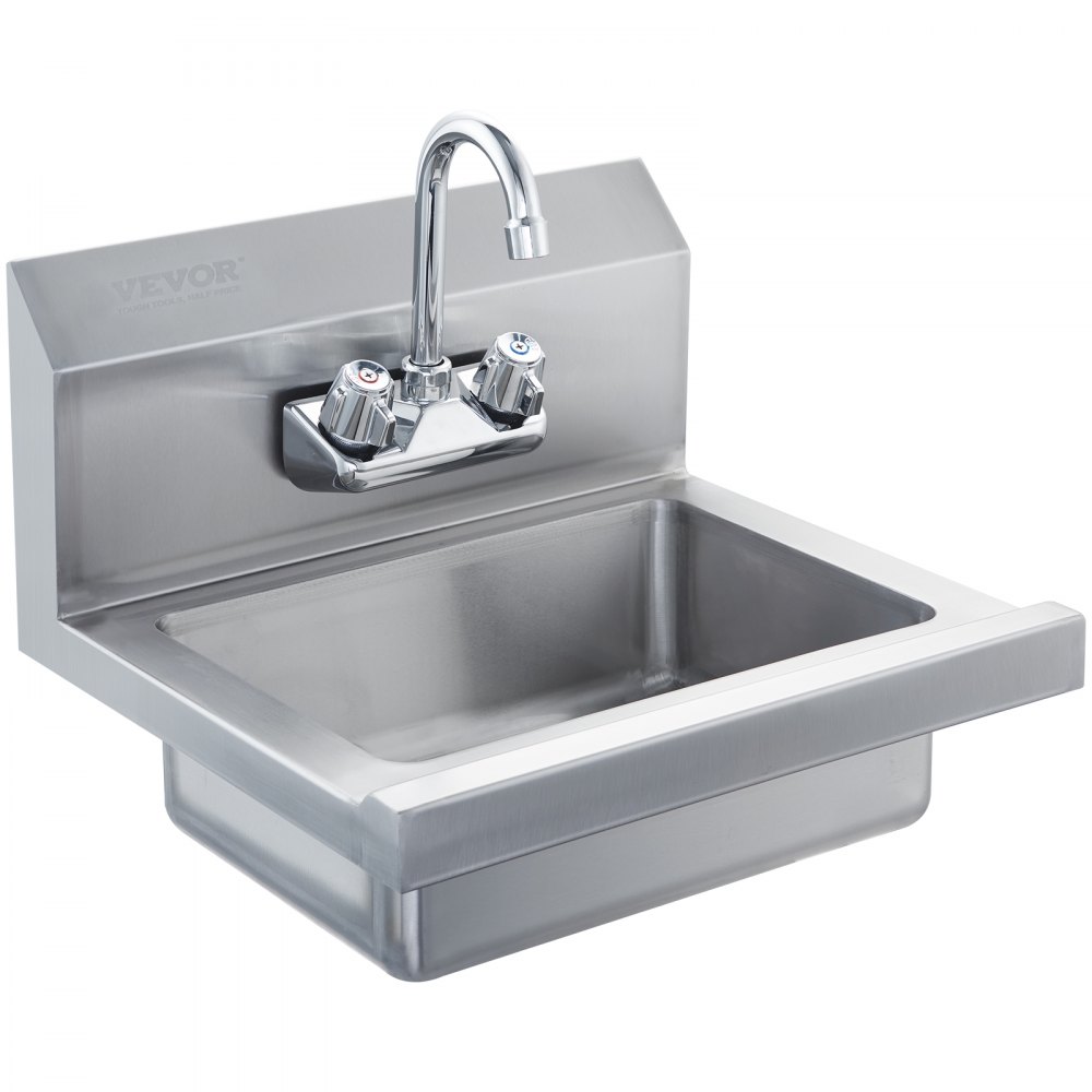 VEVOR Lavamanos con grifo y protector contra salpicaduras Fregadero de pared o empotrado 432x381x330mm Fregadero de acero inoxidable sin fugas Lavabo empotrado para restaurante Baño Inodoro Cocina Bar