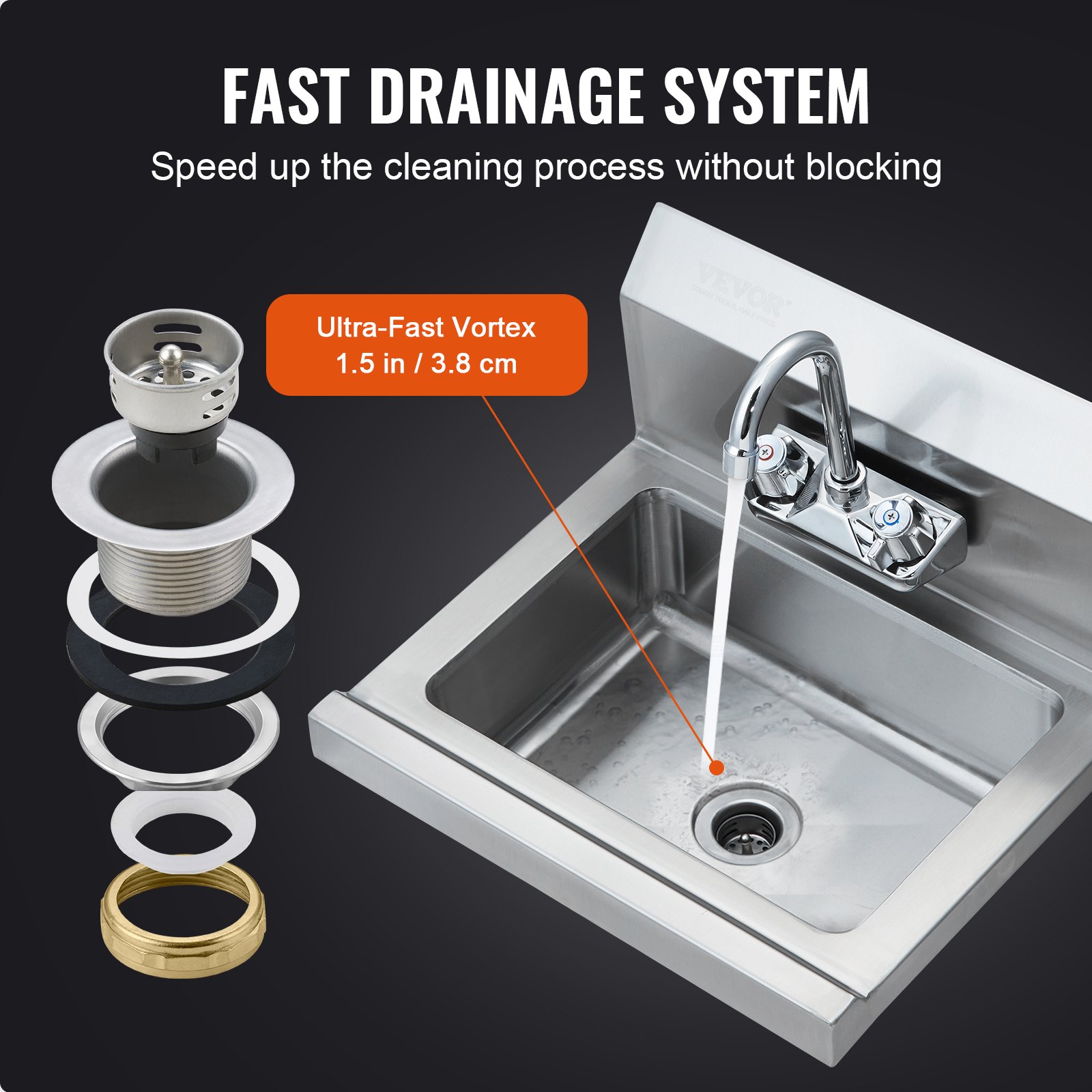 VEVOR Lavamanos con grifo y protector contra salpicaduras Fregadero de pared o empotrado 432x381x330mm Fregadero de acero inoxidable sin fugas Lavabo empotrado para restaurante Baño Inodoro Cocina Bar