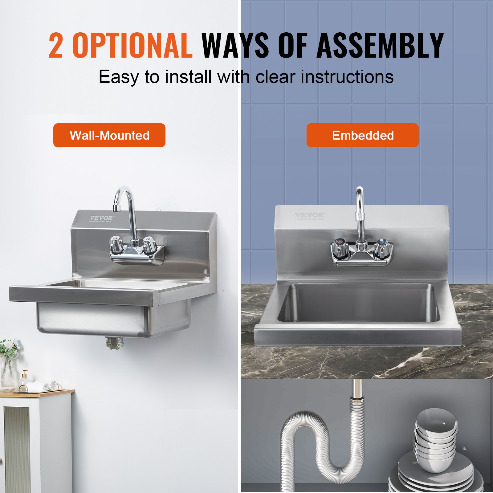 VEVOR Lavamanos con grifo y protector contra salpicaduras Fregadero de pared o empotrado 432x381x330mm Fregadero de acero inoxidable sin fugas Lavabo empotrado para restaurante Baño Inodoro Cocina Bar