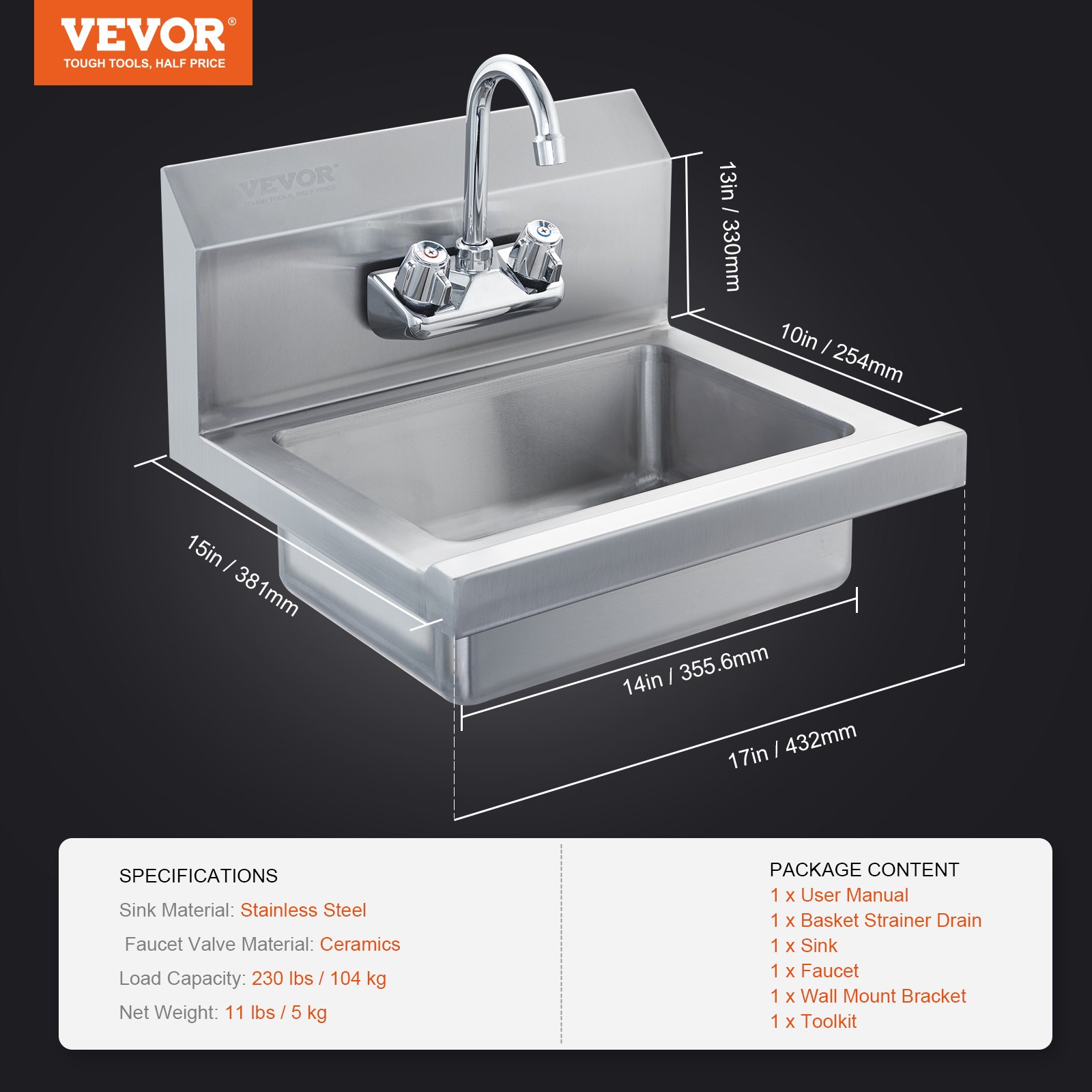 VEVOR Lavamanos con grifo y protector contra salpicaduras Fregadero de pared o empotrado 432x381x330mm Fregadero de acero inoxidable sin fugas Lavabo empotrado para restaurante Baño Inodoro Cocina Bar