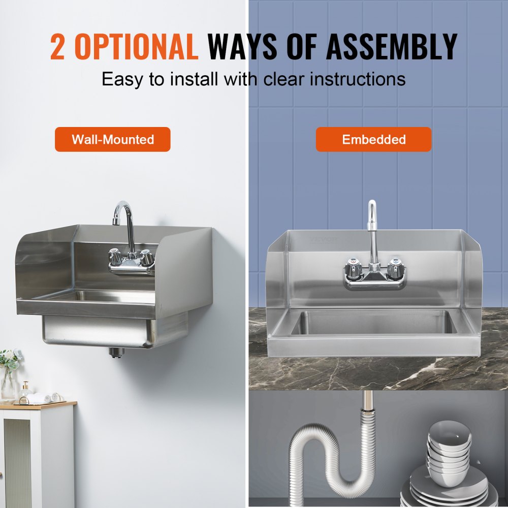 VEVOR Lavamanos con grifo y lavabo lateral de pared o lavabo empotrado 432 x 381 x 330 mm Fregadero de acero inoxidable sin fugas para restaurante, baño, cocina, bar, garaje