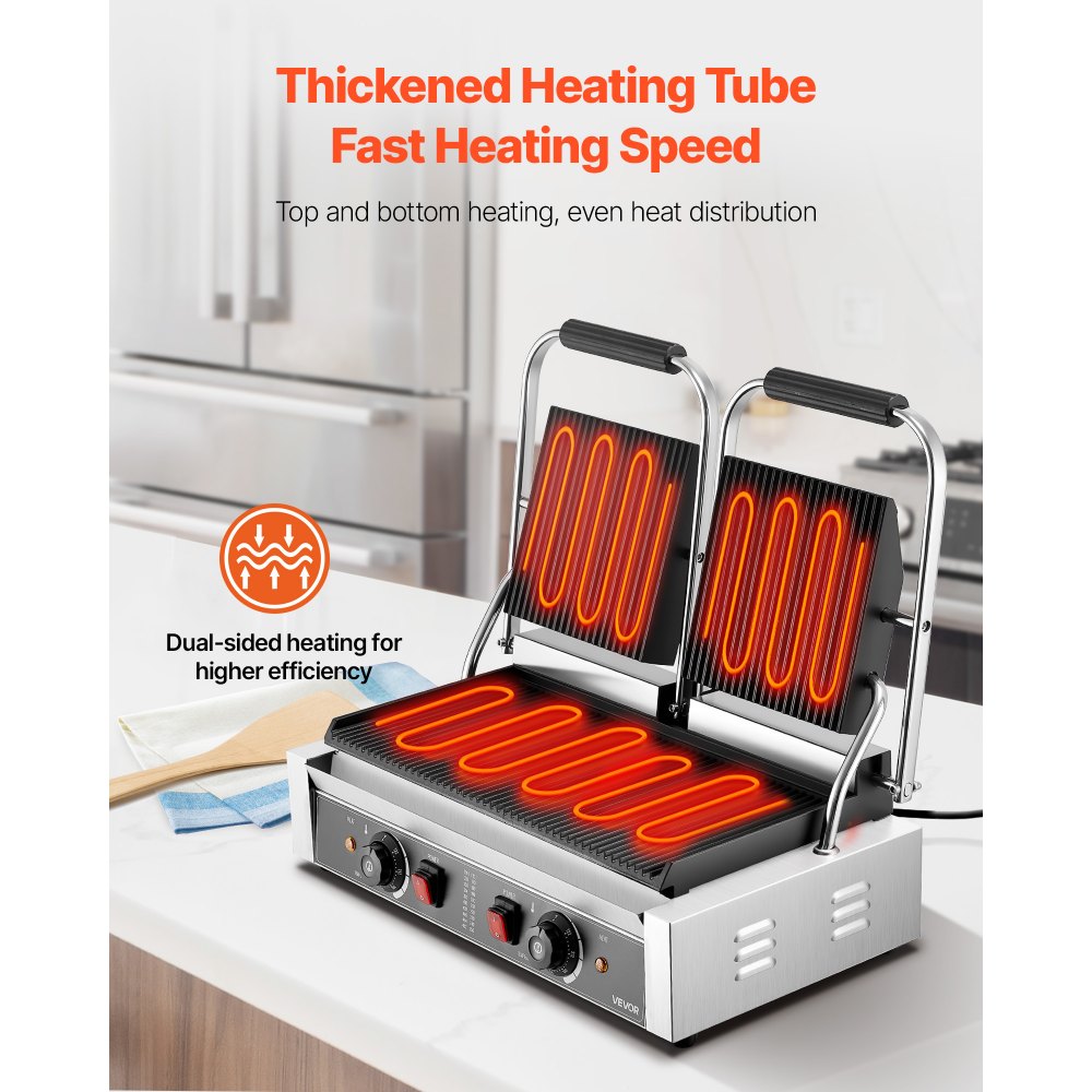 VEVOR Parrilla de Contacto Eléctrica 3600 W para Sándwiches, de Acero Inoxidable, con Control de Temperatura, Doble Placa Esmaltada Acanalada de 48 x 23 cm para Hamburguesas, Filetes y Tocino