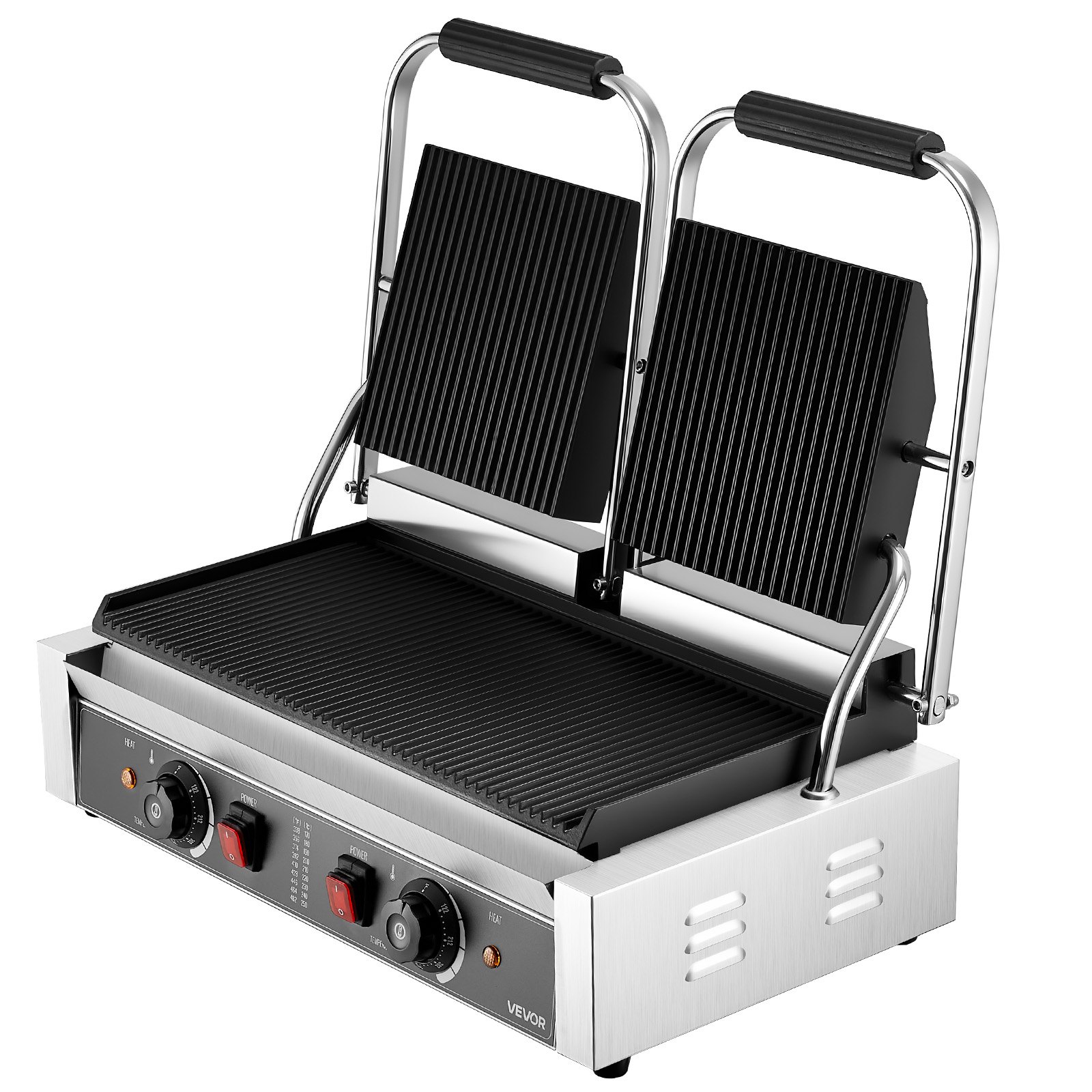 VEVOR Parrilla de Contacto Eléctrica 3600 W para Sándwiches, de Acero Inoxidable, con Control de Temperatura, Doble Placa Esmaltada Acanalada de 48 x 23 cm para Hamburguesas, Filetes y Tocino