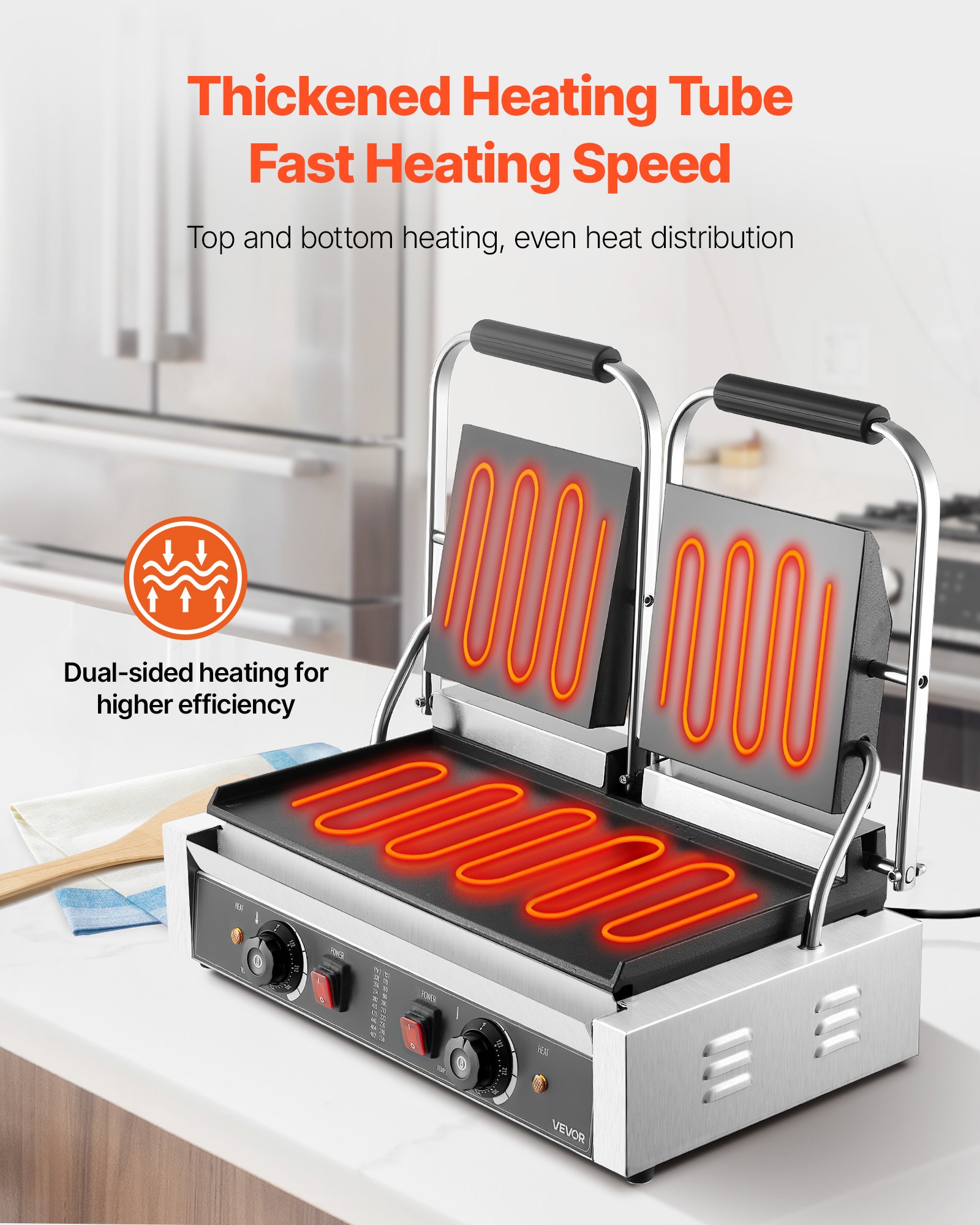 VEVOR Commercial Panini Grill, 3600W Electric Sandwich Panini Maker, Stainless Steel Double Sandwich Press, Panini Grill with Temp Control, 48x23cm Full Flat Enamel Plate, for Hamburger Steak Bacon