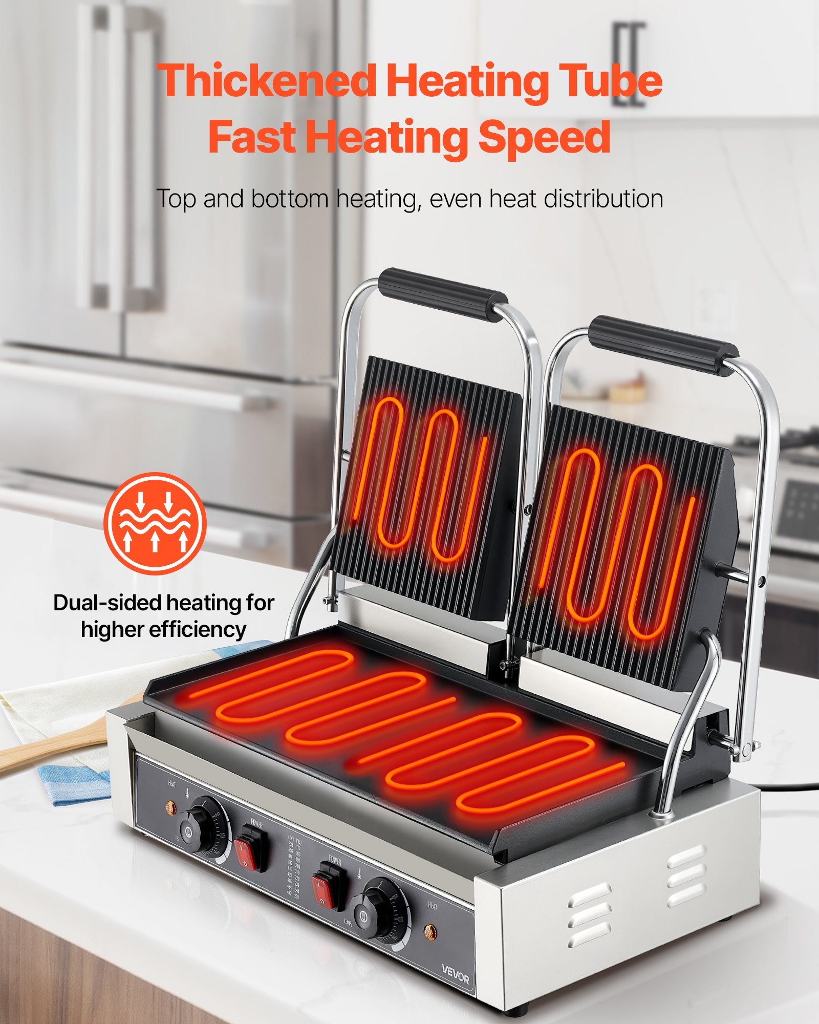 VEVOR Commercial Panini Grill, Contact Grill, 3600 W for Sandwiches, Steak, Bacon, Hamburgers, Sandwich Maker, Stainless Steel Press Grill with Handle & Temperature Control & 48 x 23 cm Heating Plate, Panini Press