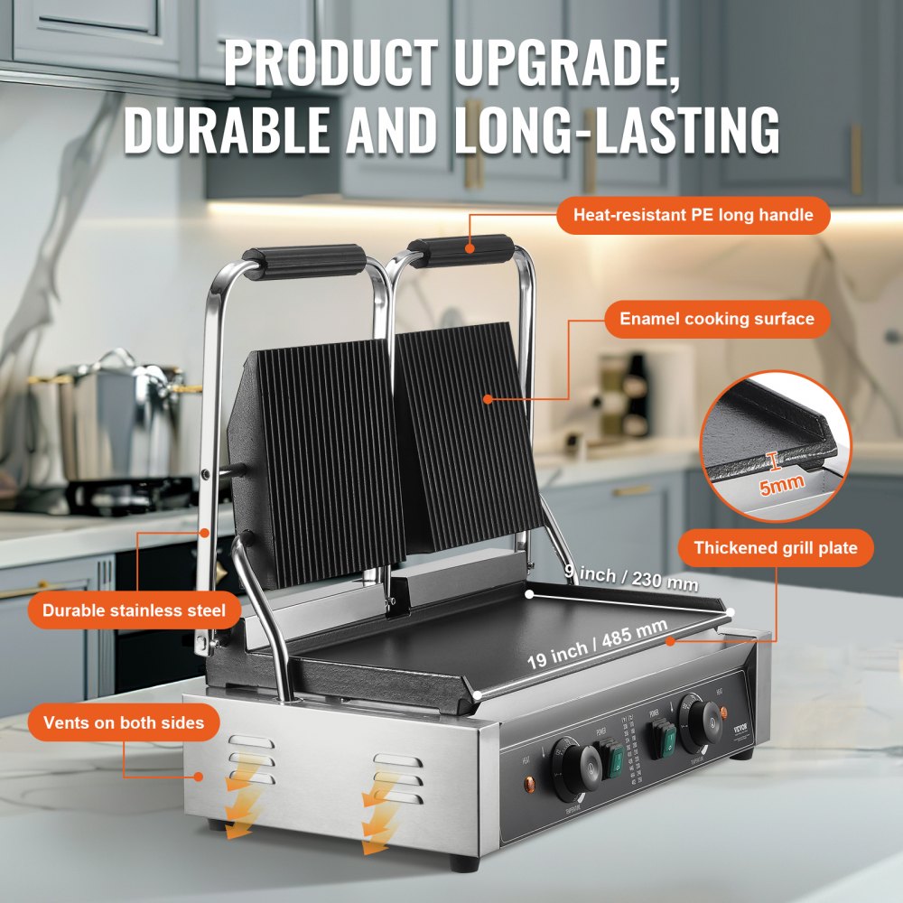 VEVOR Panini Grill Comercial, Sandwichera Eléctrica 3600W, Parrilla Doble de Acero Inoxidable, con Control de Temperatura y Placa Plana Esmaltada 485 x 230 mm para Hamburguesa Filete Tocino