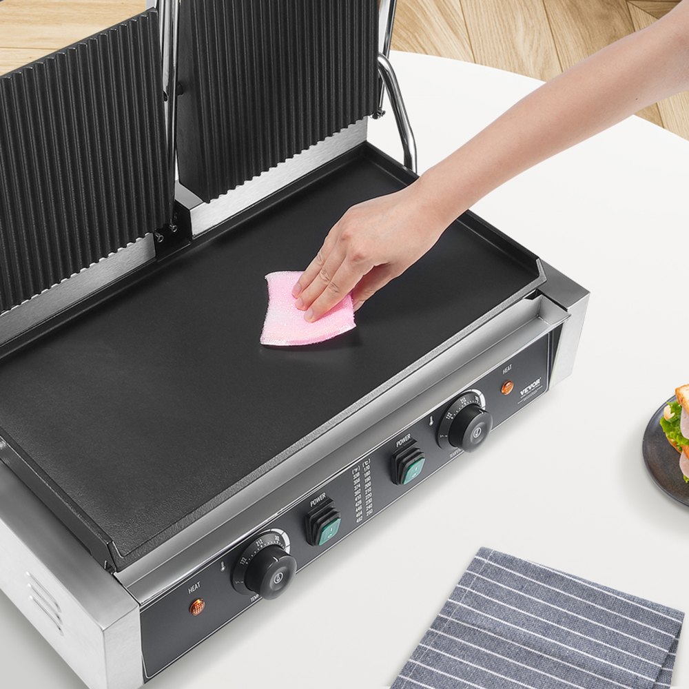 VEVOR Panini Grill Comercial, Sandwichera Eléctrica 3600W, Parrilla Doble de Acero Inoxidable, con Control de Temperatura y Placa Plana Esmaltada 485 x 230 mm para Hamburguesa Filete Tocino