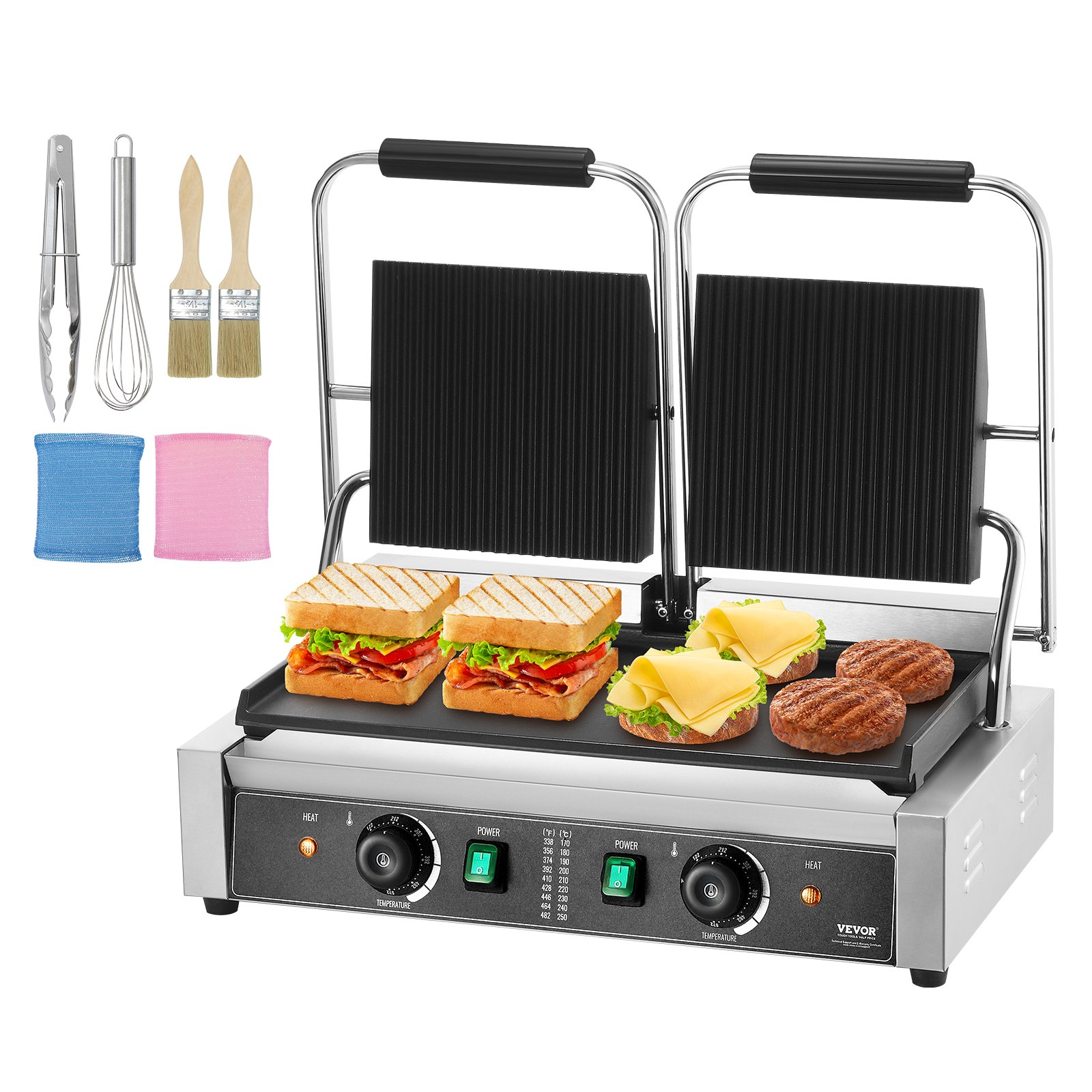 VEVOR Panini Grill Comercial, Sandwichera Eléctrica 3600W, Parrilla Doble de Acero Inoxidable, con Control de Temperatura y Placa Plana Esmaltada 485 x 230 mm para Hamburguesa Filete Tocino