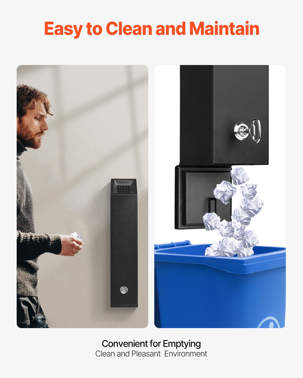 VEVOR Cenicero 132 x 100 x 487 mm, Cenicero Cuboides Montado en la Pared, Contenedor para Colillas de Acero Inoxidable y Aleación de Aluminio para Exterior, Jardín, Oficina, Restaurante, Hotel, Negro