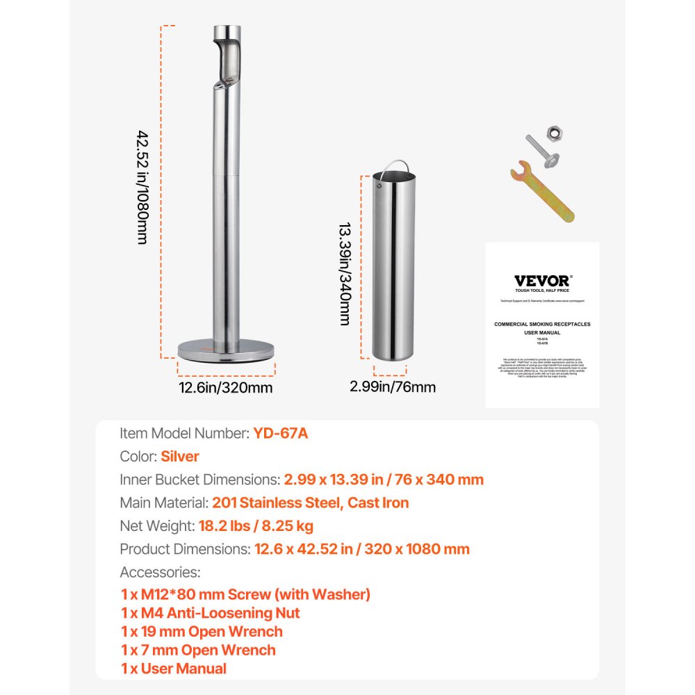 VEVOR Cenicero para Cigarrillos de φ32 x 108 cm Contenedor para Colillas Cenicero Cilíndrico Independiente Cenicero de Acero Inoxidable y Hierro para Exterior, Jardín, Oficina, Restaurante, Plata