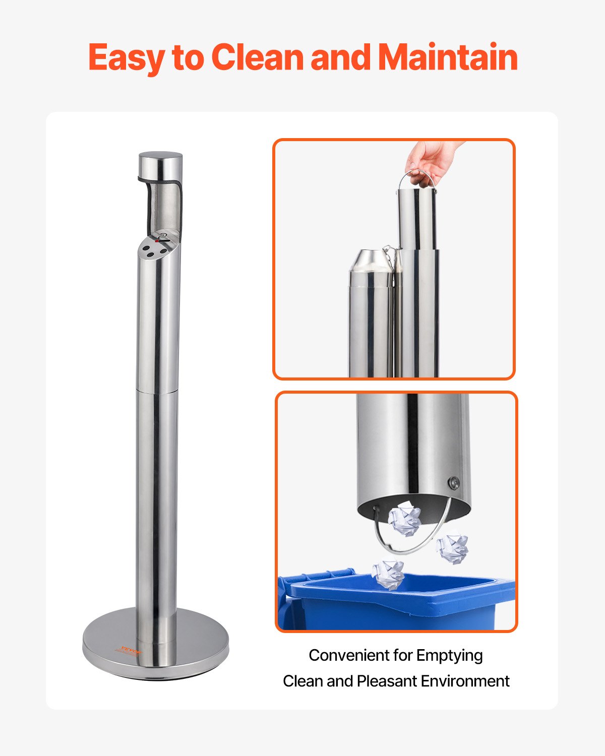 VEVOR Cenicero para Cigarrillos de φ32 x 108 cm Contenedor para Colillas Cenicero Cilíndrico Independiente Cenicero de Acero Inoxidable y Hierro para Exterior, Jardín, Oficina, Restaurante, Plata