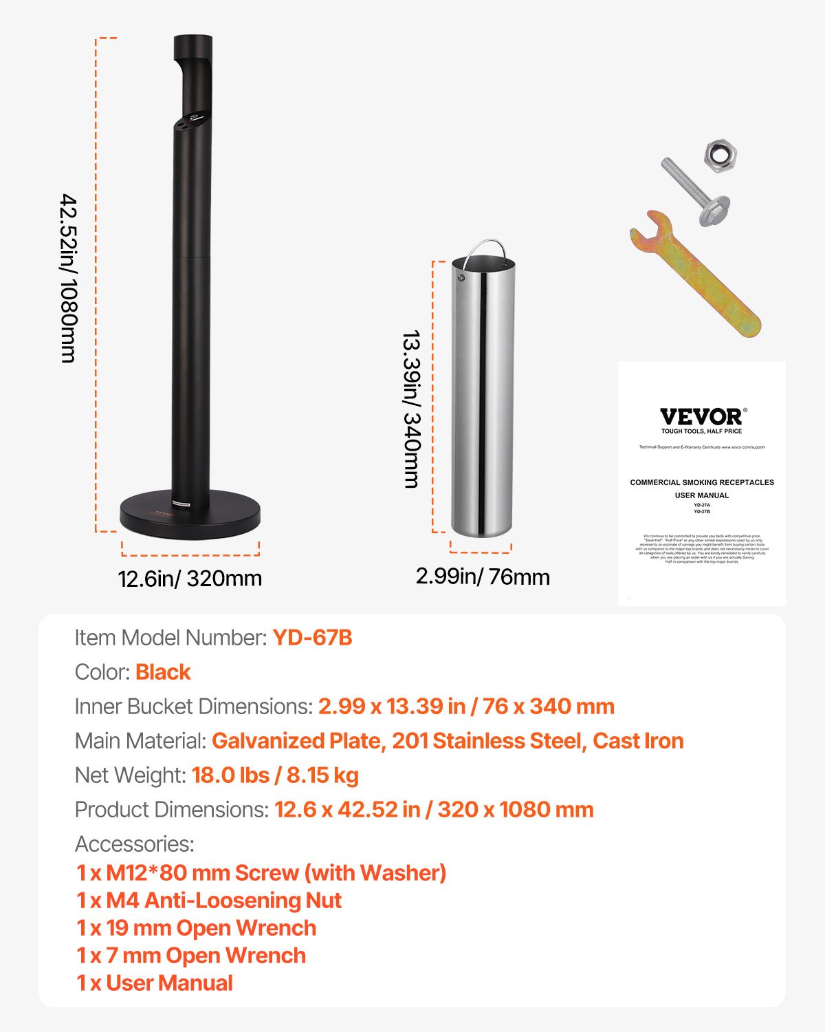 VEVOR Cenicero para Cigarrillos de φ32 x 108 cm, Contenedor para Colillas, Cenicero Cilíndrico Independiente, Cenicero de Placa Galvanizada y Hierro para Exterior, Jardín, Oficina, Restaurante, Negro