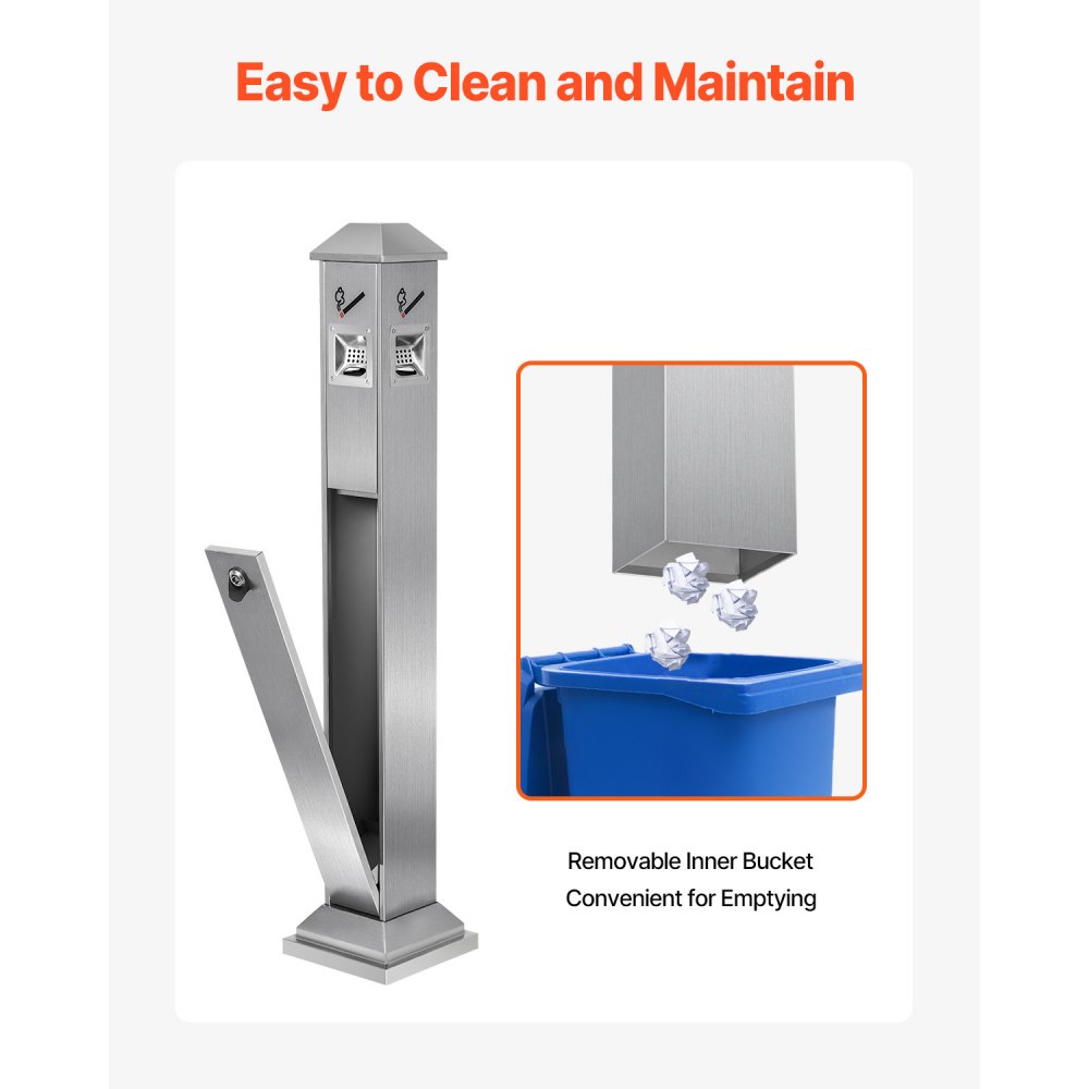 VEVOR Cenicero de 21 x 21 x 108 cm, Contenedor Cuadrado para Colillas con 4 Aberturas de Eliminación y Tapa Superior, Cenicero de Acero Inoxidable para Jardín, Oficina, Restaurante, Hotel, Plata