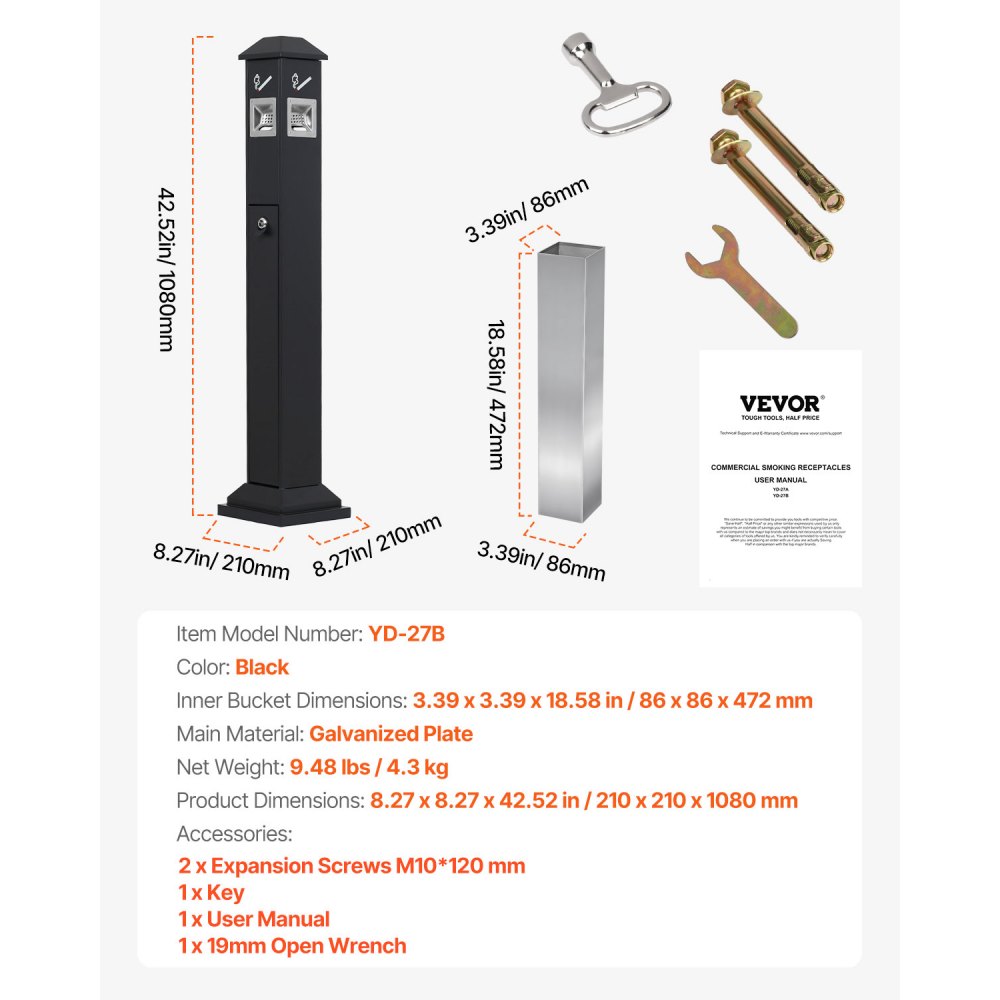 VEVOR Cenicero de 21 x 21 x 108 cm, Contenedor Cuadrado para Colillas con 4 Aberturas de Eliminación y Tapa Superior, Cenicero de Placas Galvanizadas para Jardín, Oficina, Restaurante, Hotel, Negro