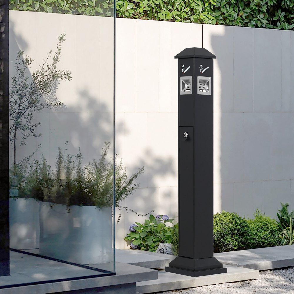 VEVOR Cenicero de 21 x 21 x 108 cm, Contenedor Cuadrado para Colillas con 4 Aberturas de Eliminación y Tapa Superior, Cenicero de Placas Galvanizadas para Jardín, Oficina, Restaurante, Hotel, Negro