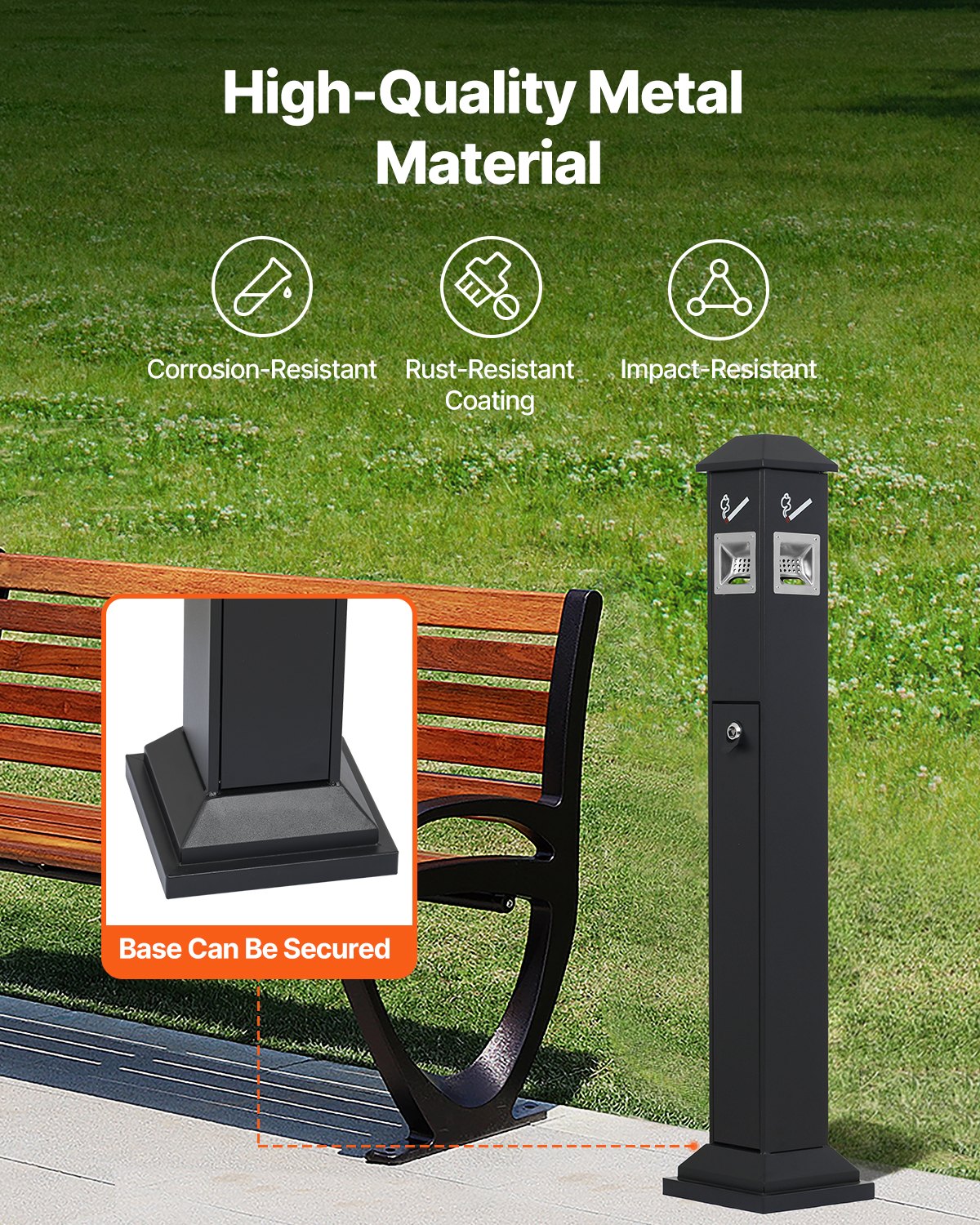 VEVOR Cenicero de 21 x 21 x 108 cm, Contenedor Cuadrado para Colillas con 4 Aberturas de Eliminación y Tapa Superior, Cenicero de Placas Galvanizadas para Jardín, Oficina, Restaurante, Hotel, Negro