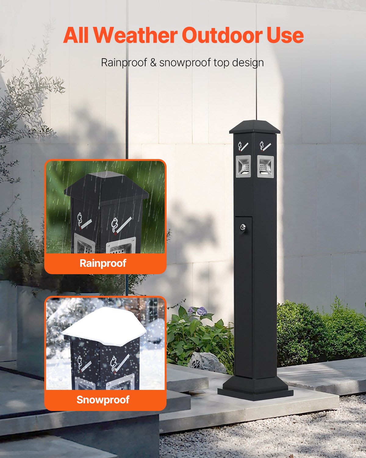 VEVOR Cenicero de 21 x 21 x 108 cm, Contenedor Cuadrado para Colillas con 4 Aberturas de Eliminación y Tapa Superior, Cenicero de Placas Galvanizadas para Jardín, Oficina, Restaurante, Hotel, Negro