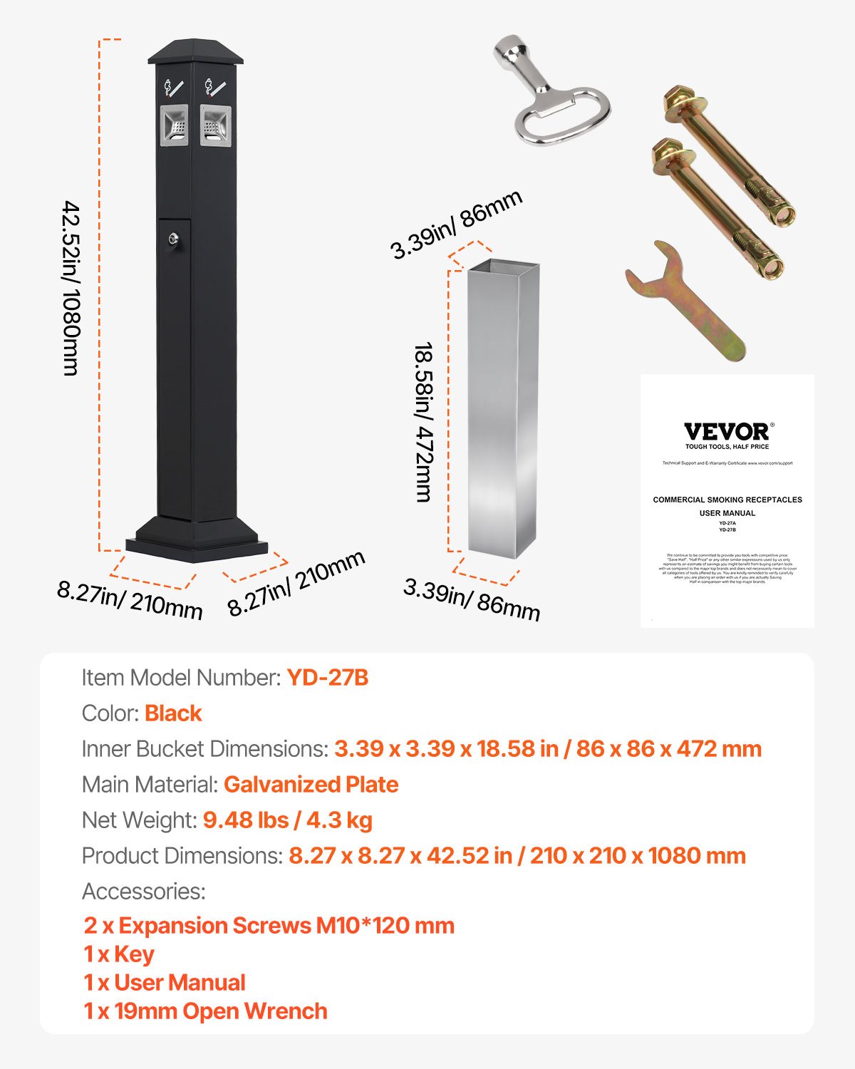 VEVOR Cenicero de 21 x 21 x 108 cm, Contenedor Cuadrado para Colillas con 4 Aberturas de Eliminación y Tapa Superior, Cenicero de Placas Galvanizadas para Jardín, Oficina, Restaurante, Hotel, Negro