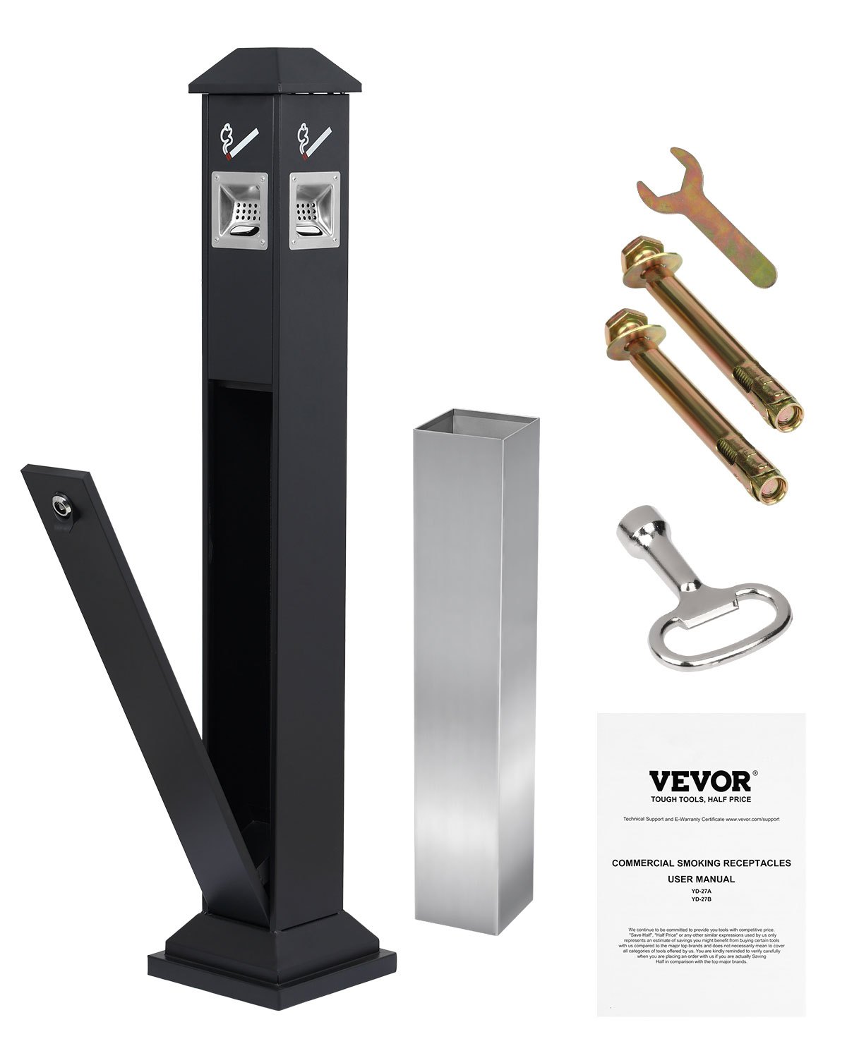 VEVOR Cenicero de 21 x 21 x 108 cm, Contenedor Cuadrado para Colillas con 4 Aberturas de Eliminación y Tapa Superior, Cenicero de Placas Galvanizadas para Jardín, Oficina, Restaurante, Hotel, Negro