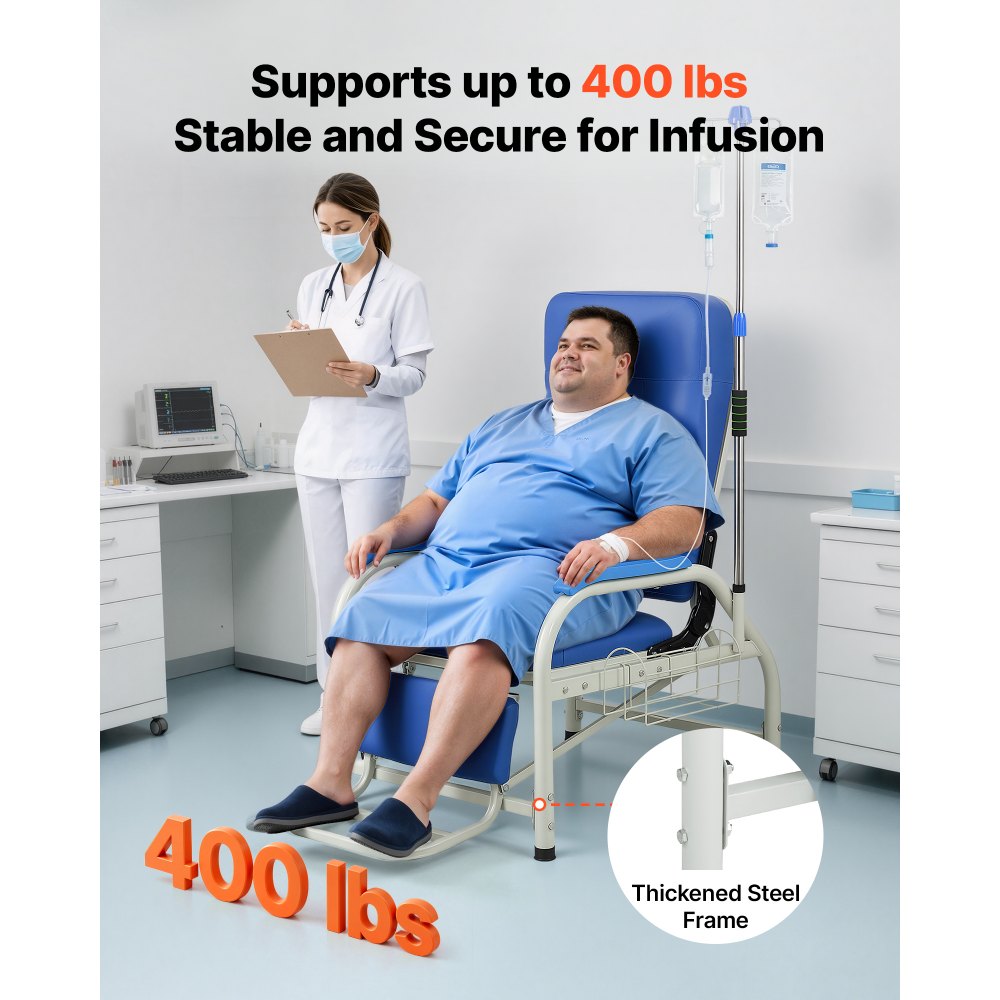 VEVOR Infusion Chair with IV Pole 90°-160° Reclining Phlebotomy Chair, 180kg Capacity Medical Infusion Recliner with Soft Padded Seat, Footrest & Storage Basket for Blood Draw, IV Transfusion