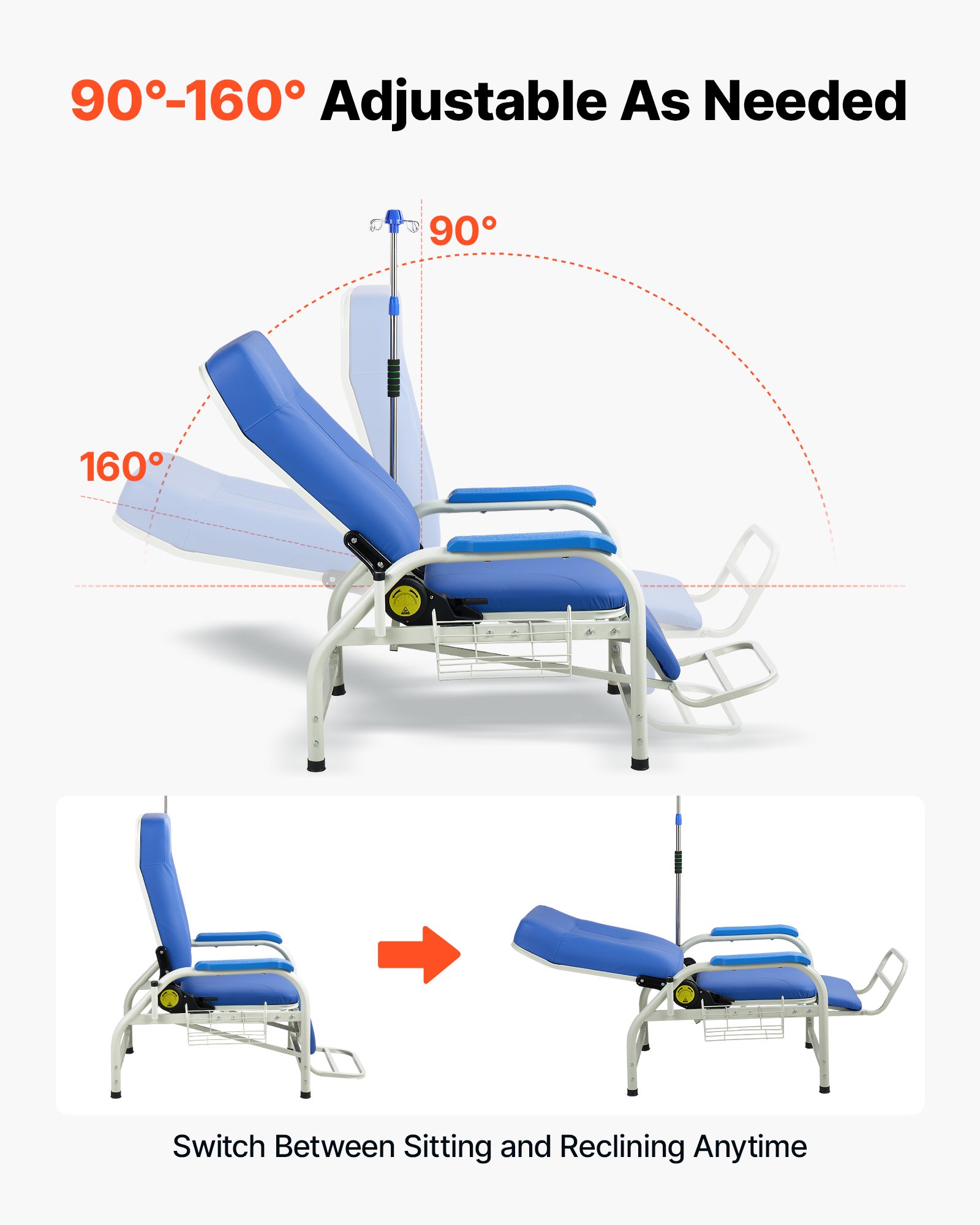 VEVOR Infusion Chair with IV Pole 90°-160° Reclining Phlebotomy Chair, 180kg Capacity Medical Infusion Recliner with Soft Padded Seat, Footrest & Storage Basket for Blood Draw, IV Transfusion