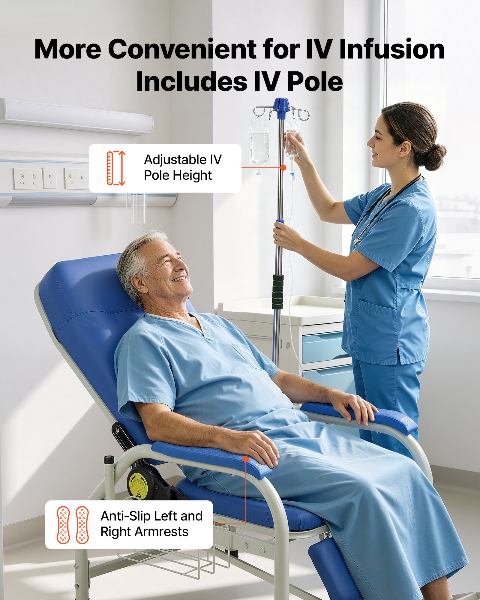 VEVOR Infusion Chair with IV Pole 90°-160° Reclining Phlebotomy Chair, 180kg Capacity Medical Infusion Recliner with Soft Padded Seat, Footrest & Storage Basket for Blood Draw, IV Transfusion