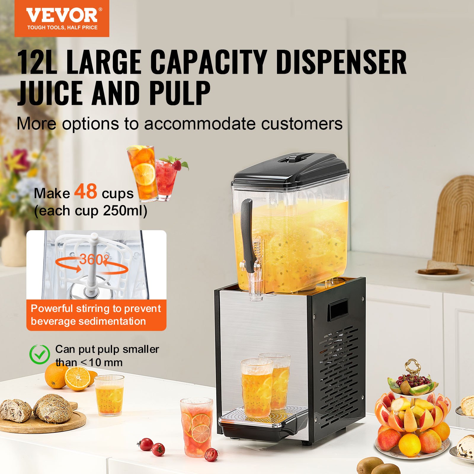 VEVOR Dispensador de Bebidas Comercial 12 L Máquina de Bebidas Frías Heladas de Acero Inoxidable 246 W Temperatura de Enfriamiento 7 a 12 °C para Restaurantes, Bares, Fiestas, 22,5x43x68 cm