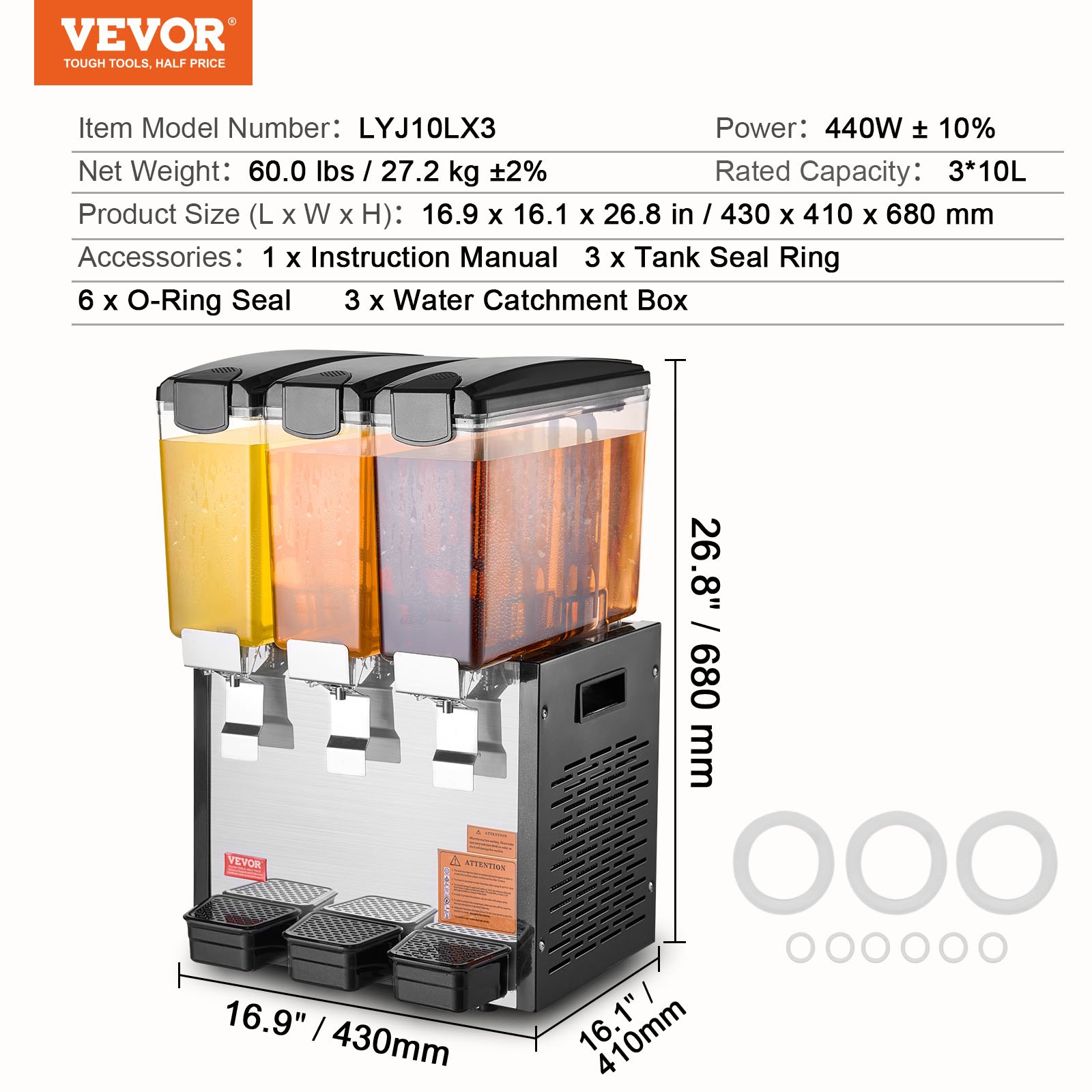VEVOR Dispensador de Bebidas Comercial 10L x 3 Tanques Máquina de Bebidas Frías Heladas de Acero Inoxidable 440W Temperatura de Enfriamiento 7~12 °C para Restaurantes, Bares, Fiestas, 43x41x68 cm