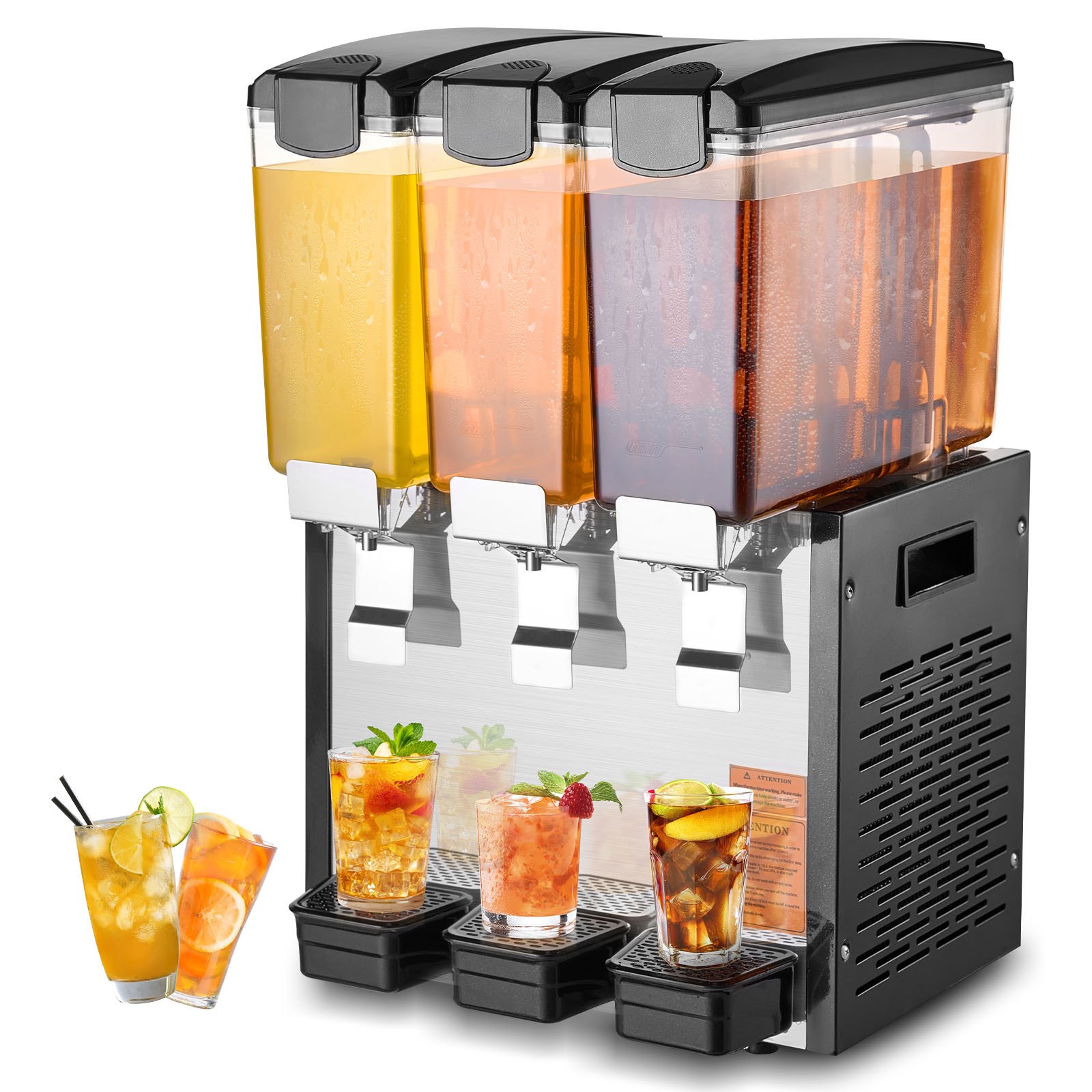 VEVOR Dispensador de Bebidas Comercial 10L x 3 Tanques Máquina de Bebidas Frías Heladas de Acero Inoxidable 440W Temperatura de Enfriamiento 7~12 °C para Restaurantes, Bares, Fiestas, 43x41x68 cm