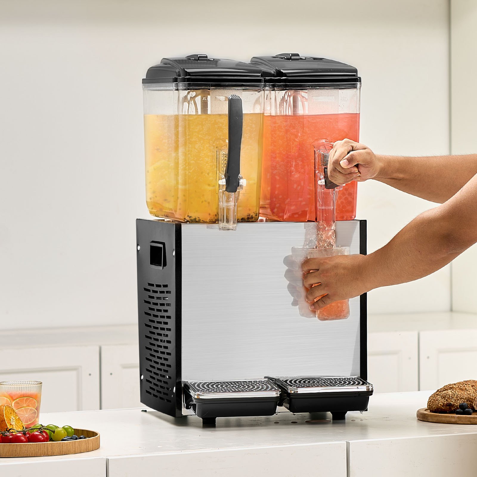 VEVOR Dispensador de Bebidas Comercial 12L x 2 Tanques Máquina de Bebidas Frías Heladas de Acero Inoxidable 286W Temperatura de Enfriamiento 7~12 °C para Restaurantes, Bares, Fiestas, 36,5x43x67 cm