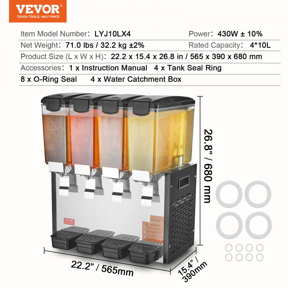VEVOR commercial beverage dispenser with 4 tanks, 10 L juice dispenser (per tank), 430 W stainless steel iced tea beverage dispenser with 7-12 °C cooling temperature, for cold drinks, restaurant, bar, party, buffet, catering