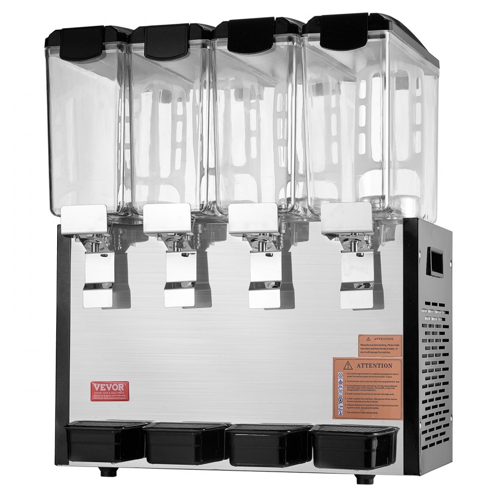 VEVOR commercial beverage dispenser with 4 tanks, 10 L juice dispenser (per tank), 430 W stainless steel iced tea beverage dispenser with 7-12 °C cooling temperature, for cold drinks, restaurant, bar, party, buffet, catering
