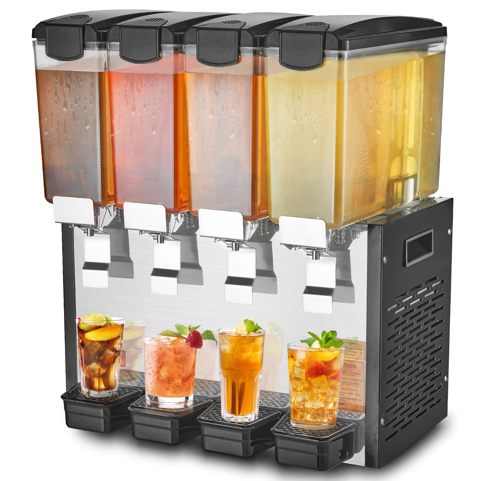 VEVOR commercial beverage dispenser with 4 tanks, 10 L juice dispenser (per tank), 430 W stainless steel iced tea beverage dispenser with 7-12 °C cooling temperature, for cold drinks, restaurant, bar, party, buffet, catering