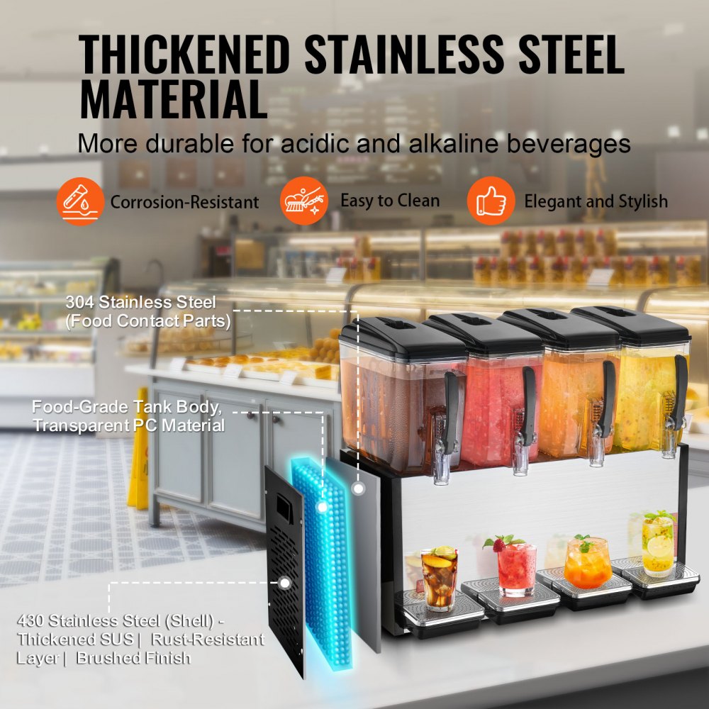 VEVOR commercial beverage dispenser with 4 tanks, juice dispenser 12 L (per tank), 510 W stainless steel iced tea beverage dispenser with 7-12 °C cooling temperature, for cold drinks, restaurant, bar, party, buffet, catering