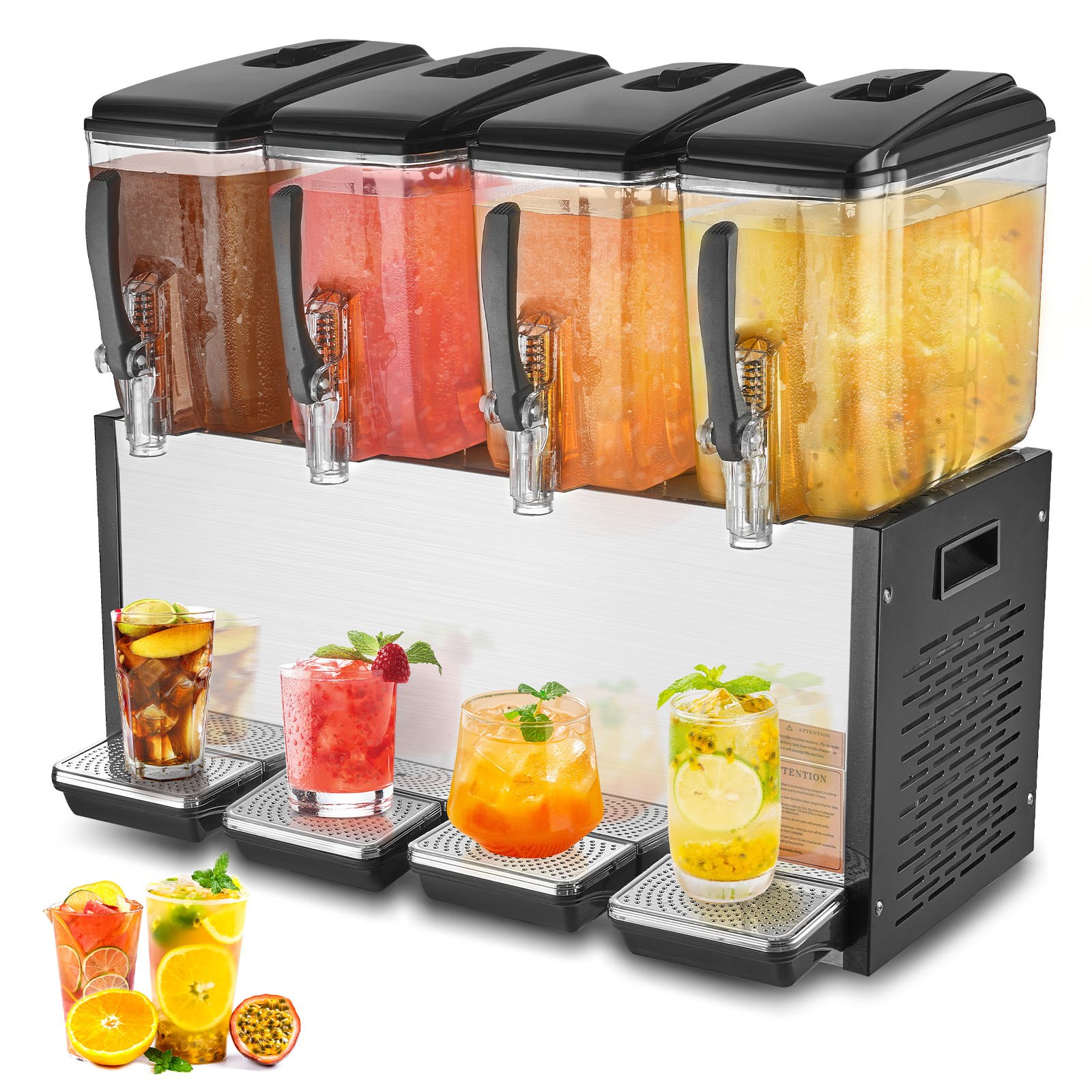 VEVOR commercial beverage dispenser with 4 tanks, juice dispenser 12 L (per tank), 510 W stainless steel iced tea beverage dispenser with 7-12 °C cooling temperature, for cold drinks, restaurant, bar, party, buffet, catering