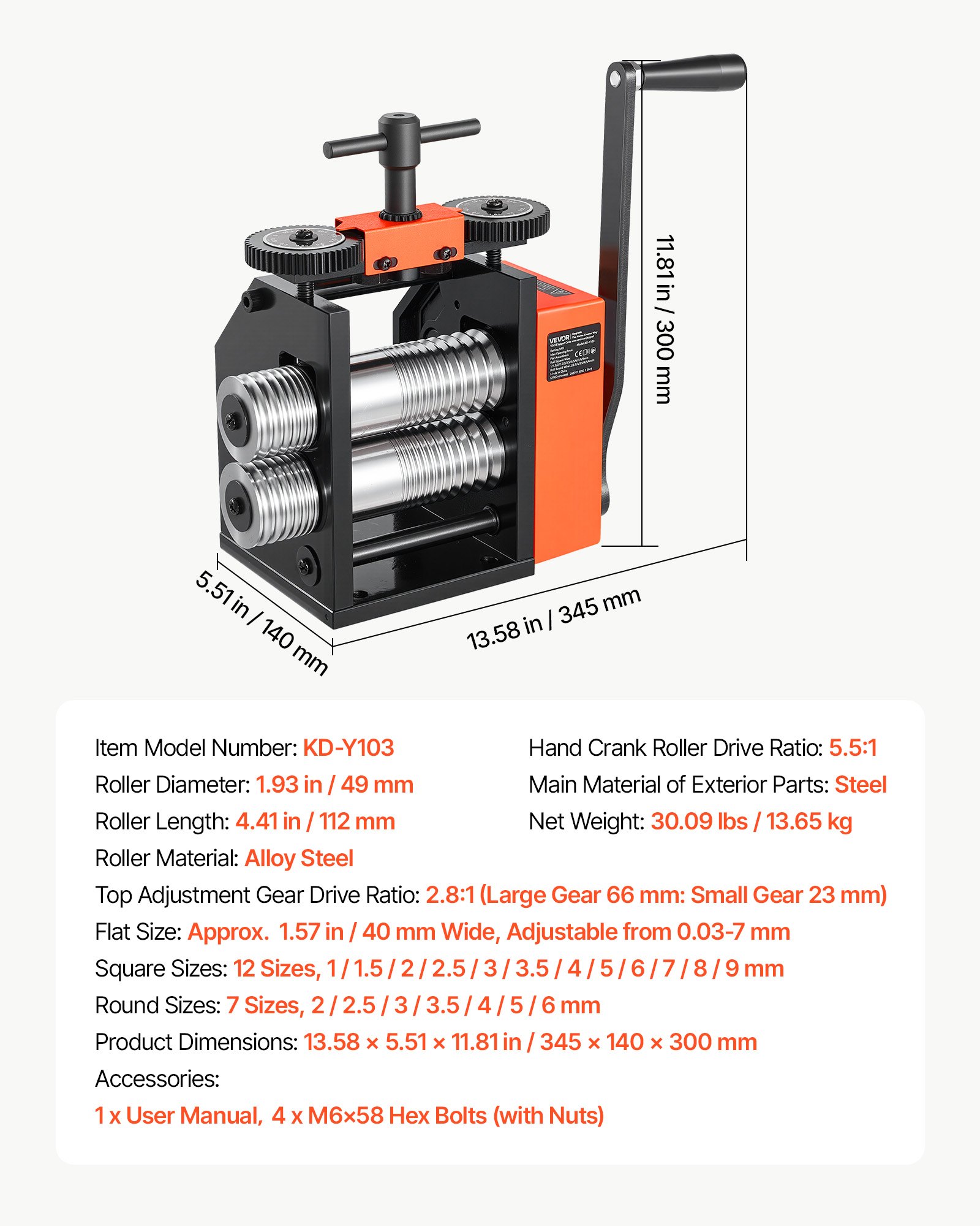 VEVOR Máquina de Laminación Manual para Joyería 3 en 1 Prensa de Láminas, Herramienta de Bricolaje para Fabricación y Reparación de Joyas, Espesor Ajustable de 0,03-7 mm, Hoja Fina, Redonda, Cuadrada