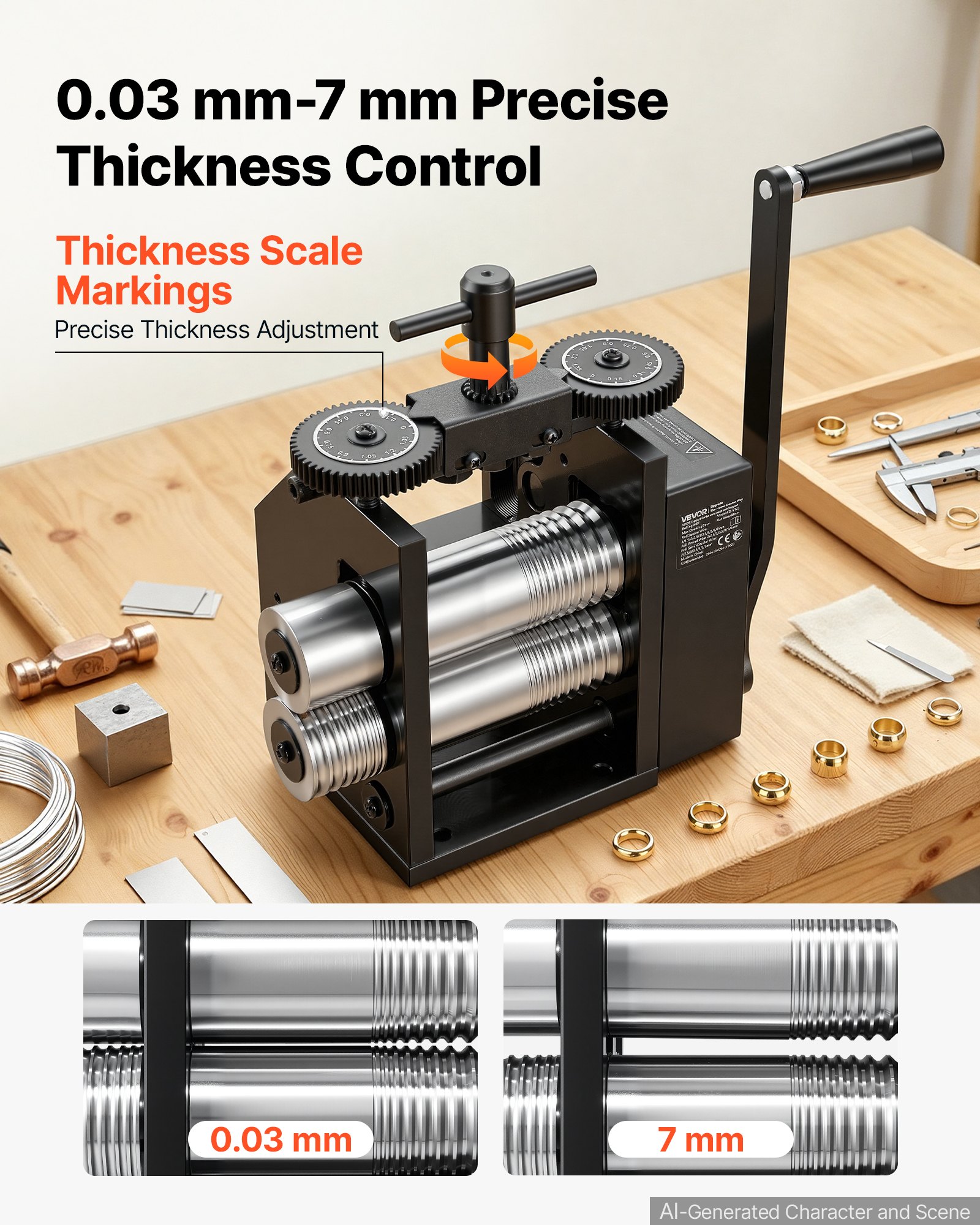 VEVOR Máquina de Laminación Manual para Joyería 4 en 1 Laminadora de Mano, Herramienta de Bricolaje para Oro Plata Cobre, Grosor Ajustable de 0,03-7 mm, Hoja Plana, Cuadrada, Circular y Semicircular