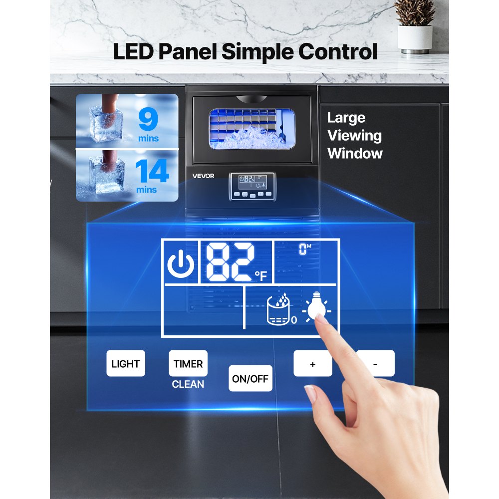 VEVOR Máquina para Fabricar Hielo 41 kg/24 h Almacenamiento de 5 kg, 32 Cubitos por Ciclo, de Acero Inoxidable, Independiente y de Encimera, con Pantalla LED y Autolimpieza, para Bar, Restaurante