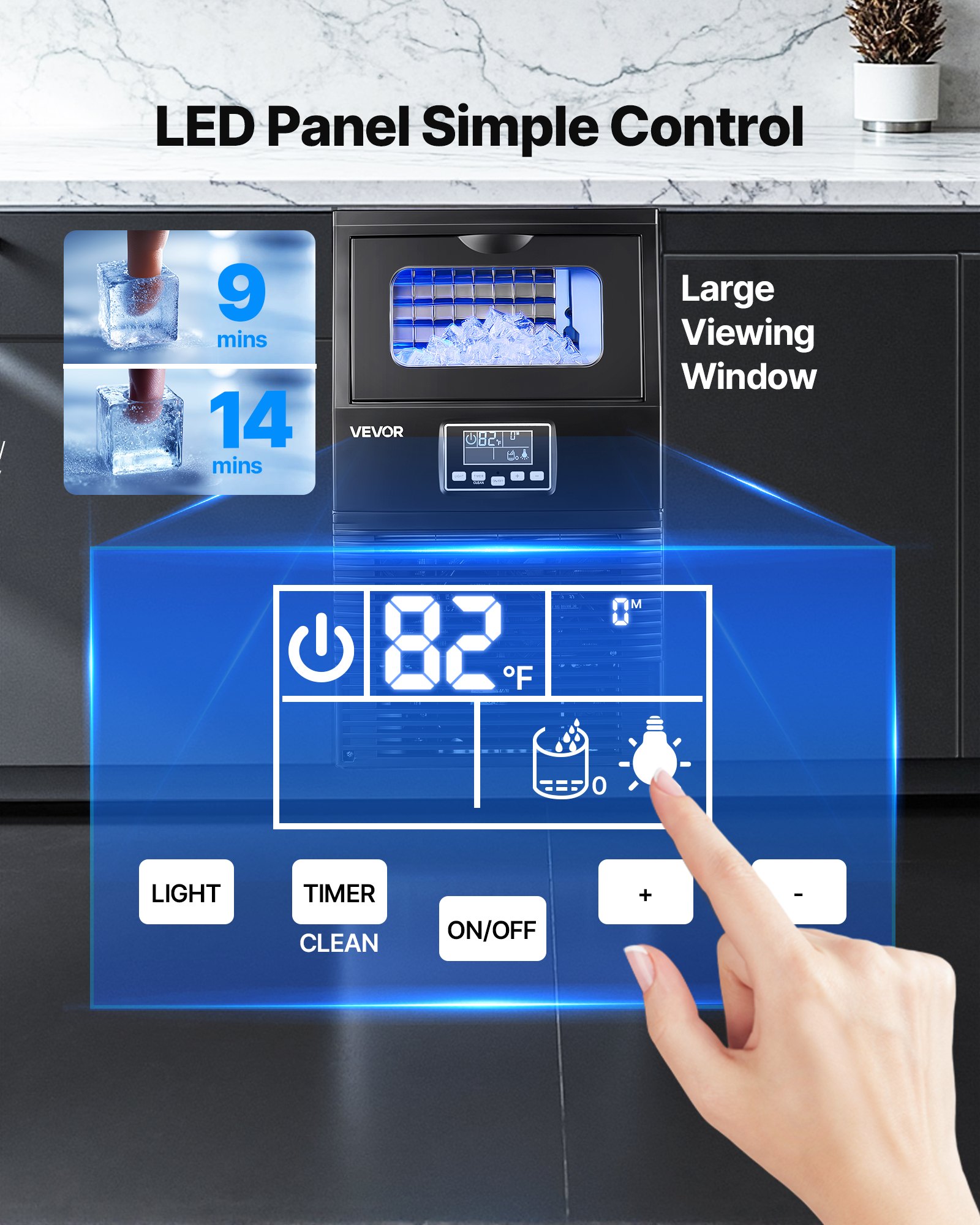 VEVOR Máquina para Fabricar Hielo 41 kg/24 h Almacenamiento de 5 kg, 32 Cubitos por Ciclo, de Acero Inoxidable, Independiente y de Encimera, con Pantalla LED y Autolimpieza, para Bar, Restaurante