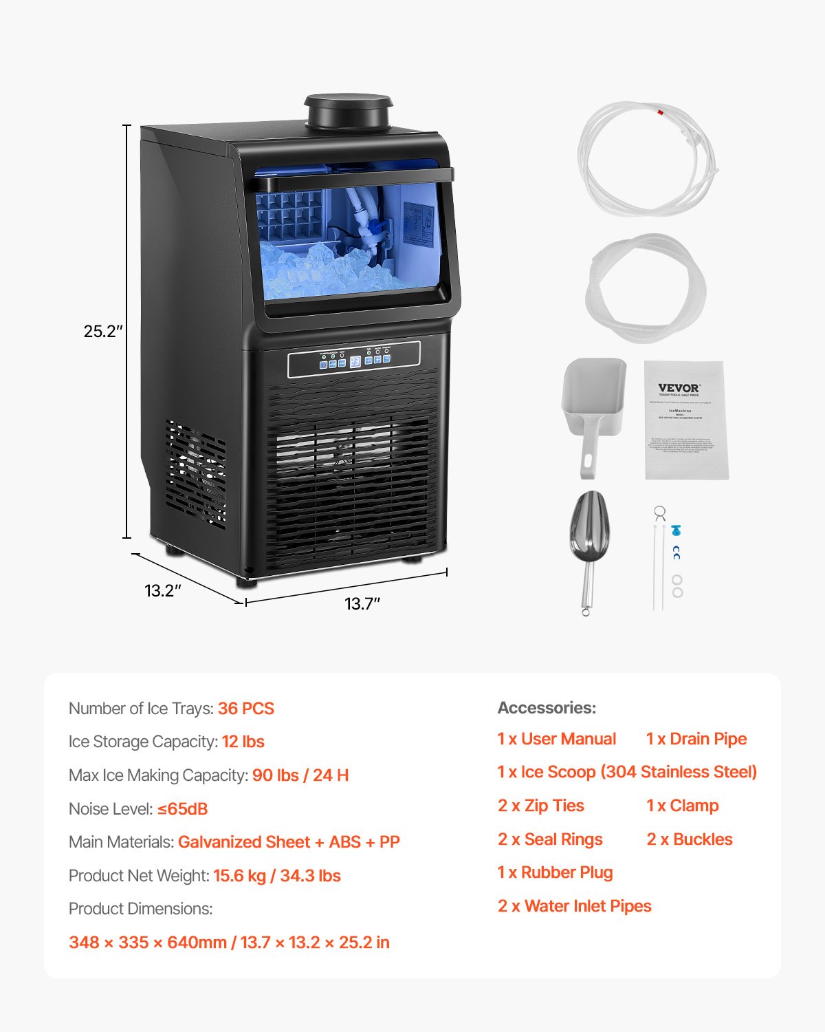 VEVOR Máquina para Fabricar Hielo 40,82 kg/24 h con Capacidad de Almacenamiento de 5,44 kg 36 Cubitos de Hielo en 15 Minutos Pantalla Digital LED Autolimpiante Independiente para Bar, Restaurante