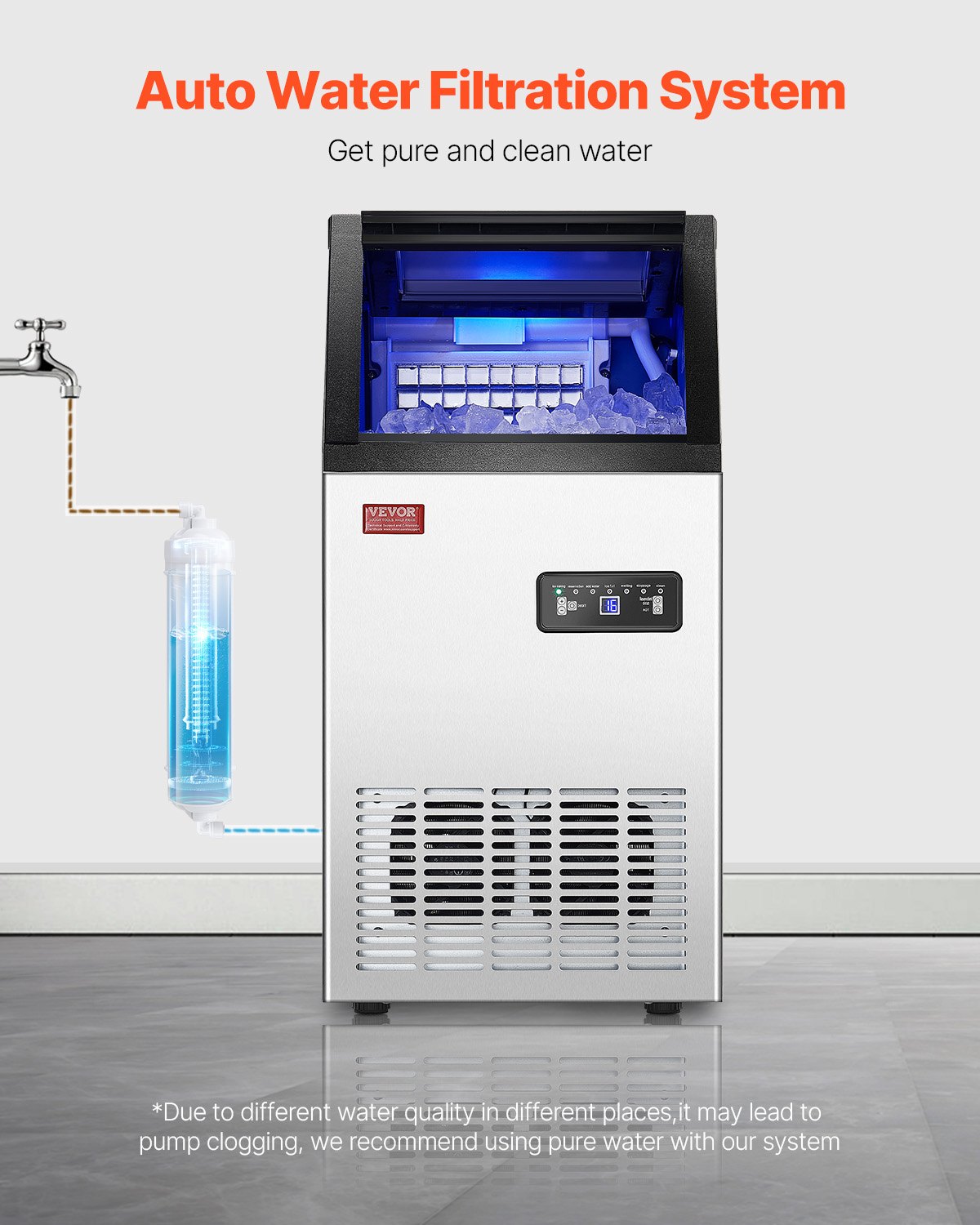 VEVOR commercial ice machine (45.36 kg/day) commercial ice maker with 12.7 kg storage capacity, 36 ice cubes in 15 minutes, LED digital display, freestanding, self-cleaning, for bar and restaurant