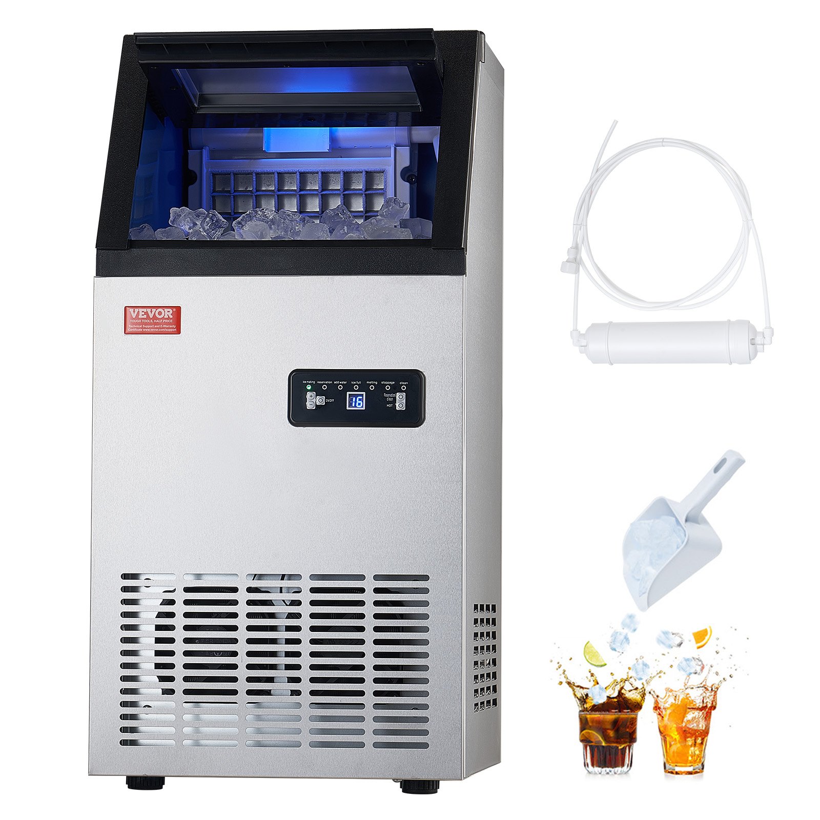 VEVOR commercial ice machine (45.36 kg/day) commercial ice maker with 12.7 kg storage capacity, 36 ice cubes in 15 minutes, LED digital display, freestanding, self-cleaning, for bar and restaurant