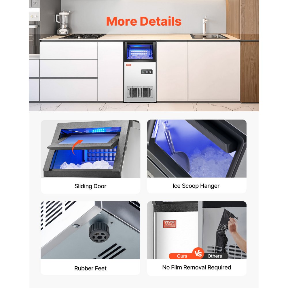 VEVOR commercial ice machine (54.43 kg/day) with 12.7 kg storage capacity, 36 ice cubes in 15 minutes, with LED digital display & 2 water addition options, for bar, office, restaurant